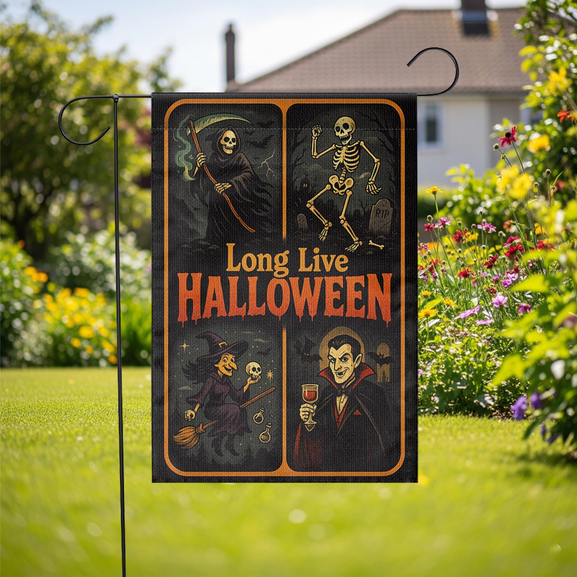 Long Live Halloween Garden Flag – Grim Reaper Skeleton Witch Vampire Retro Yard Decor