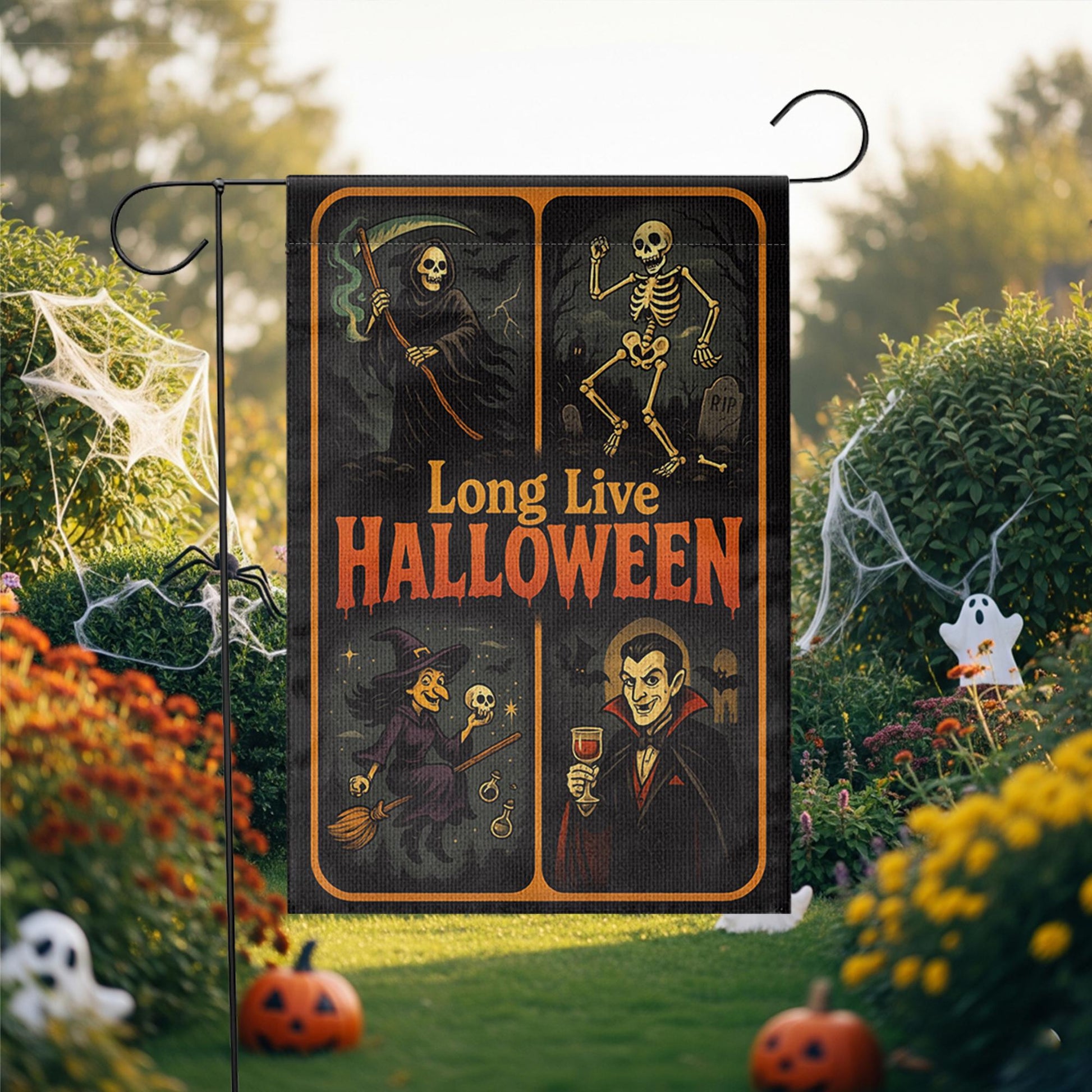 Long Live Halloween Garden Flag – Grim Reaper Skeleton Witch Vampire Retro Yard Decor