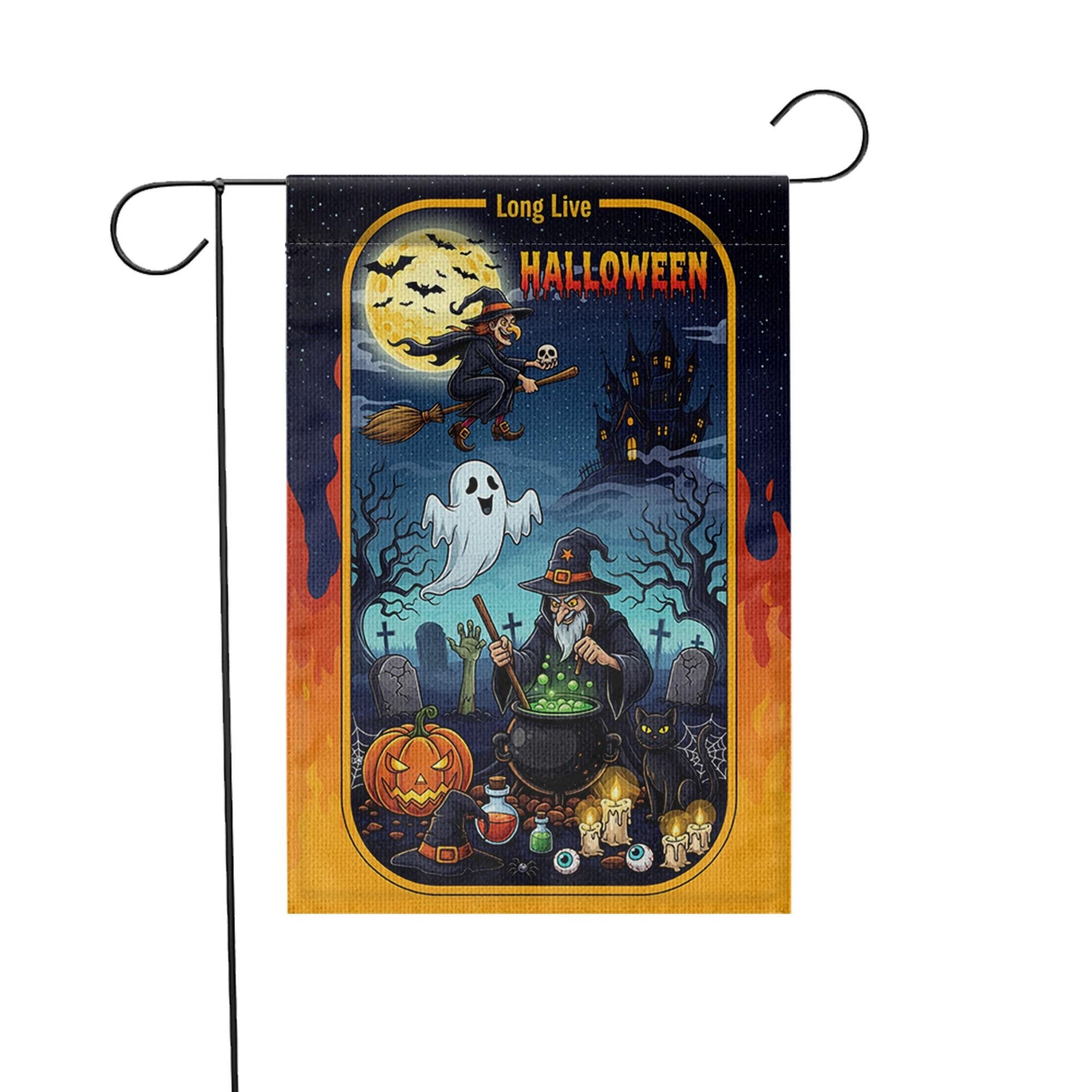 Long Live Halloween Garden Flag – Witch Cauldron Ghost Cat Spooky Graveyard Yard Decor