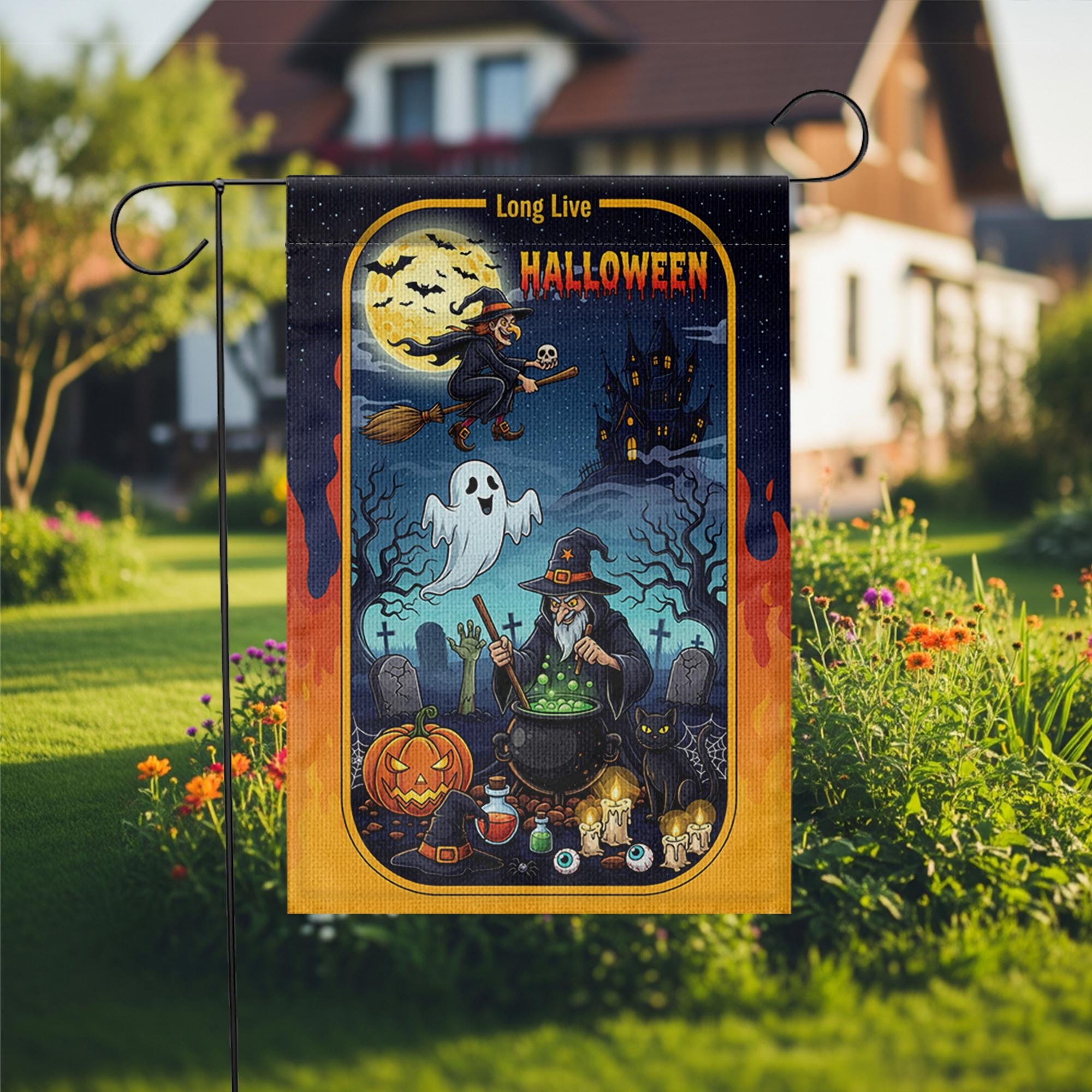 Long Live Halloween Garden Flag – Witch Cauldron Ghost Cat Spooky Graveyard Yard Decor