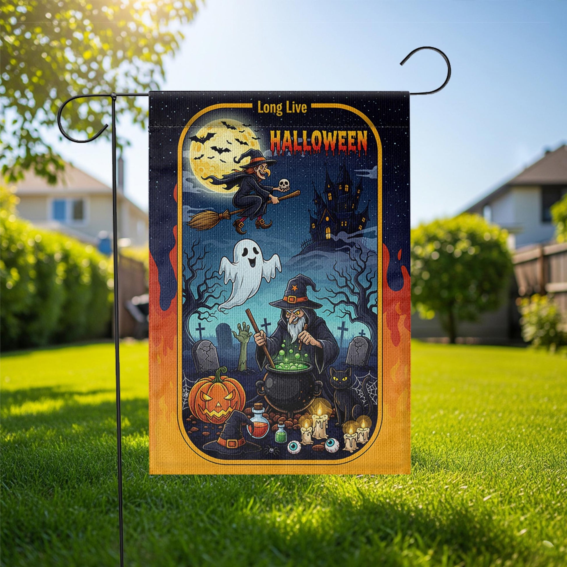 Long Live Halloween Garden Flag – Witch Cauldron Ghost Cat Spooky Graveyard Yard Decor