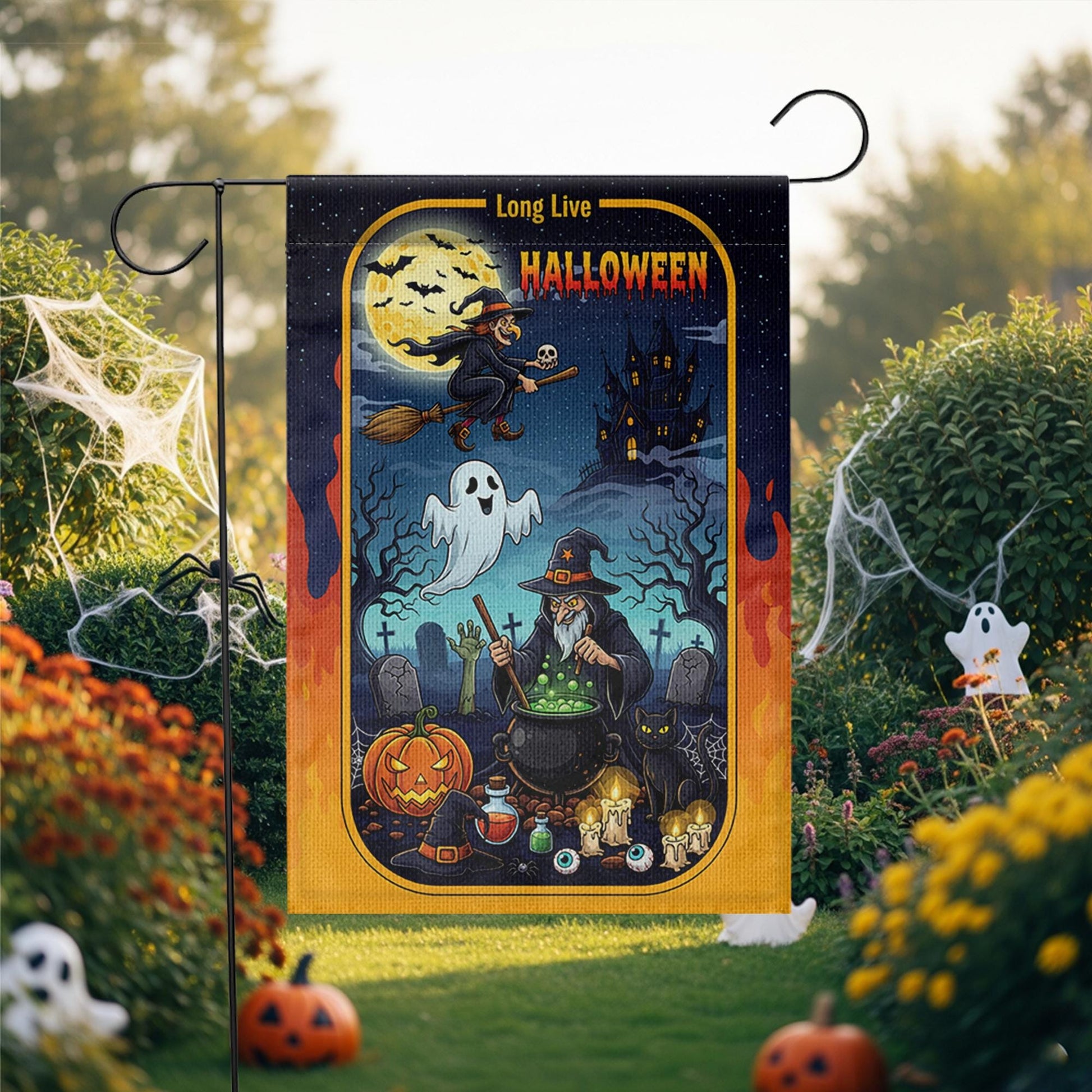 Long Live Halloween Garden Flag – Witch Cauldron Ghost Cat Spooky Graveyard Yard Decor