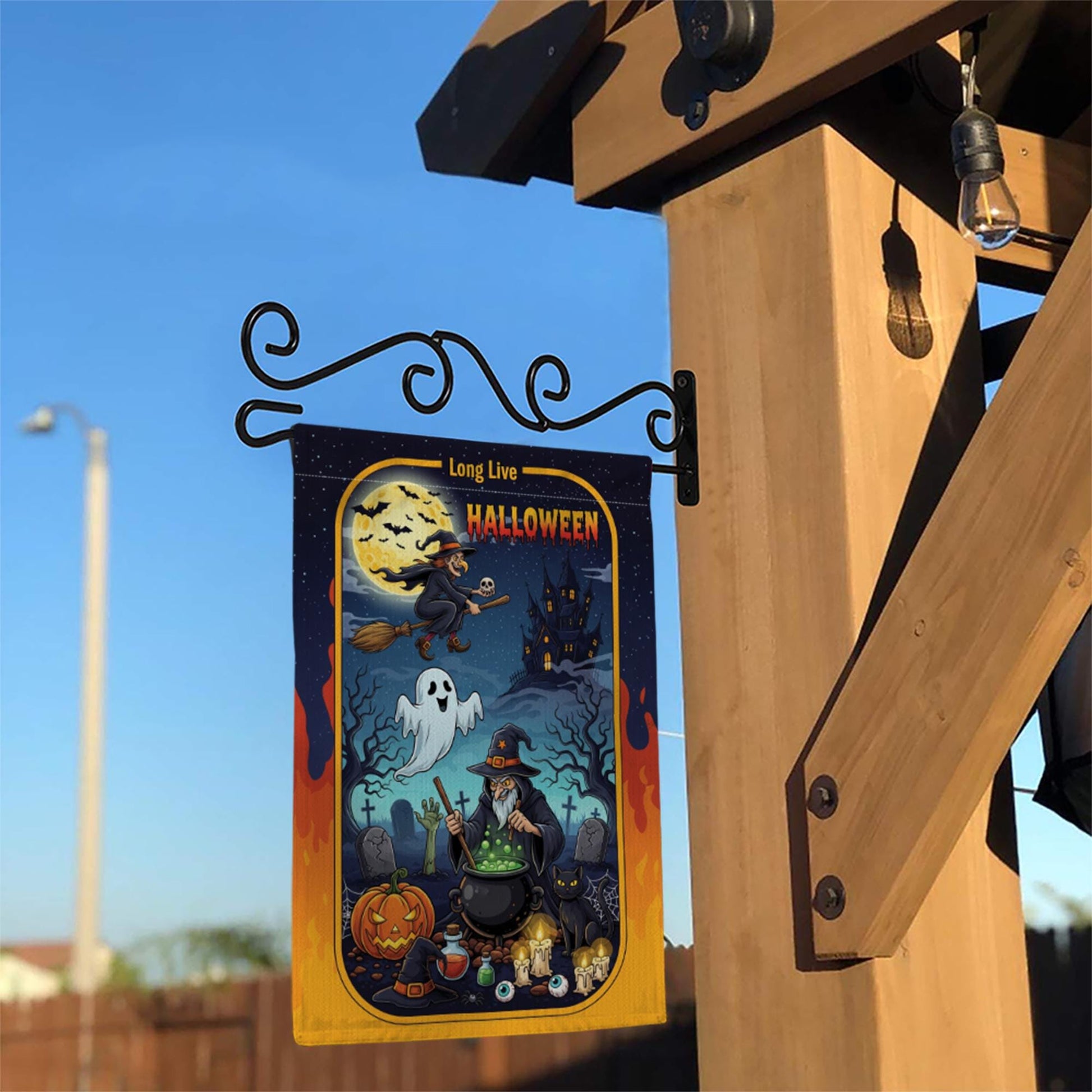 Long Live Halloween Garden Flag – Witch Cauldron Ghost Cat Spooky Graveyard Yard Decor