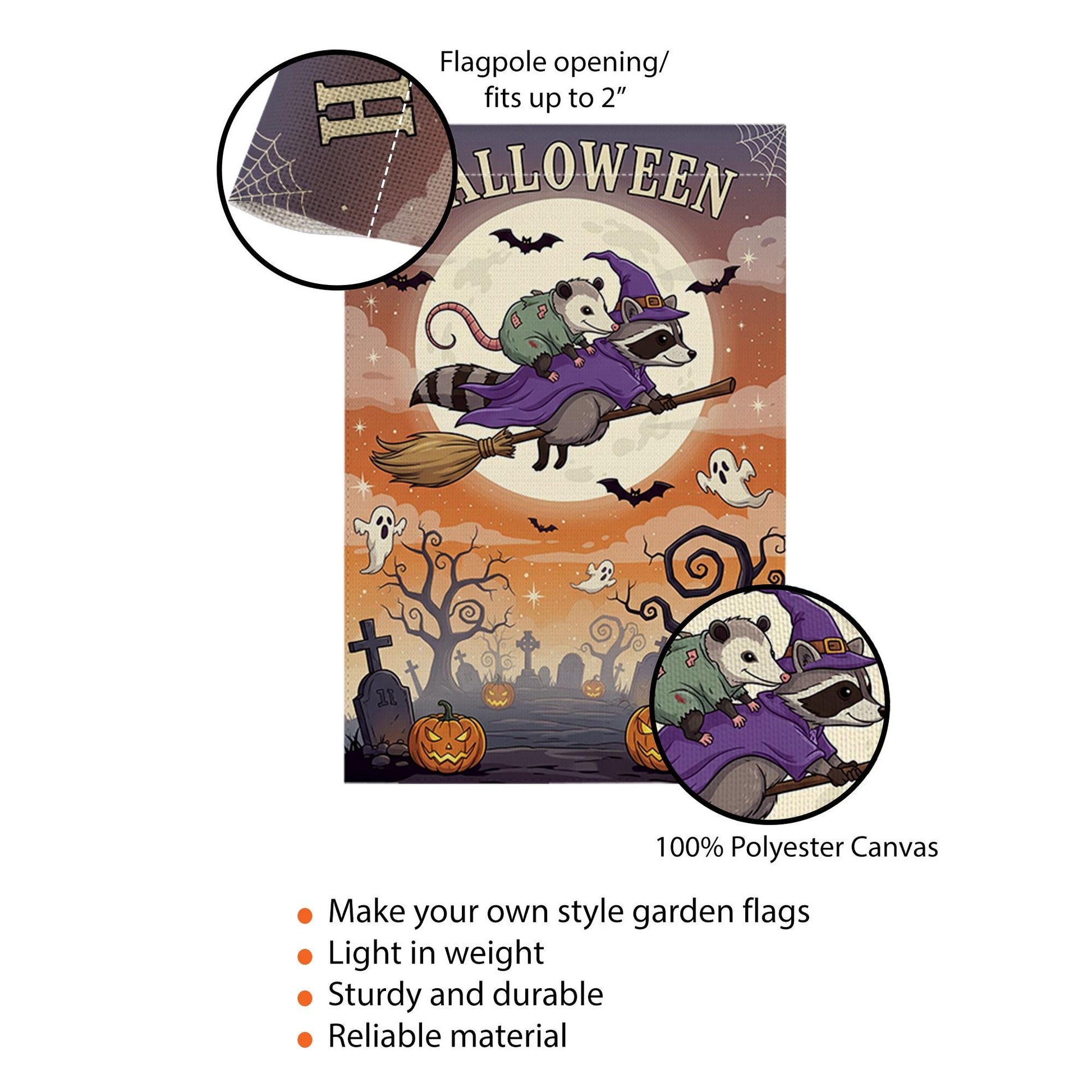 Halloween Garden Flag – Raccoon Witch Flying with Opossum – Cute Spooky Fall Yard Decor