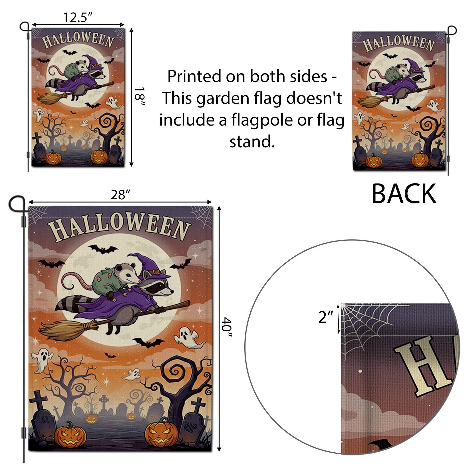 Halloween Garden Flag – Raccoon Witch Flying with Opossum – Cute Spooky Fall Yard Decor