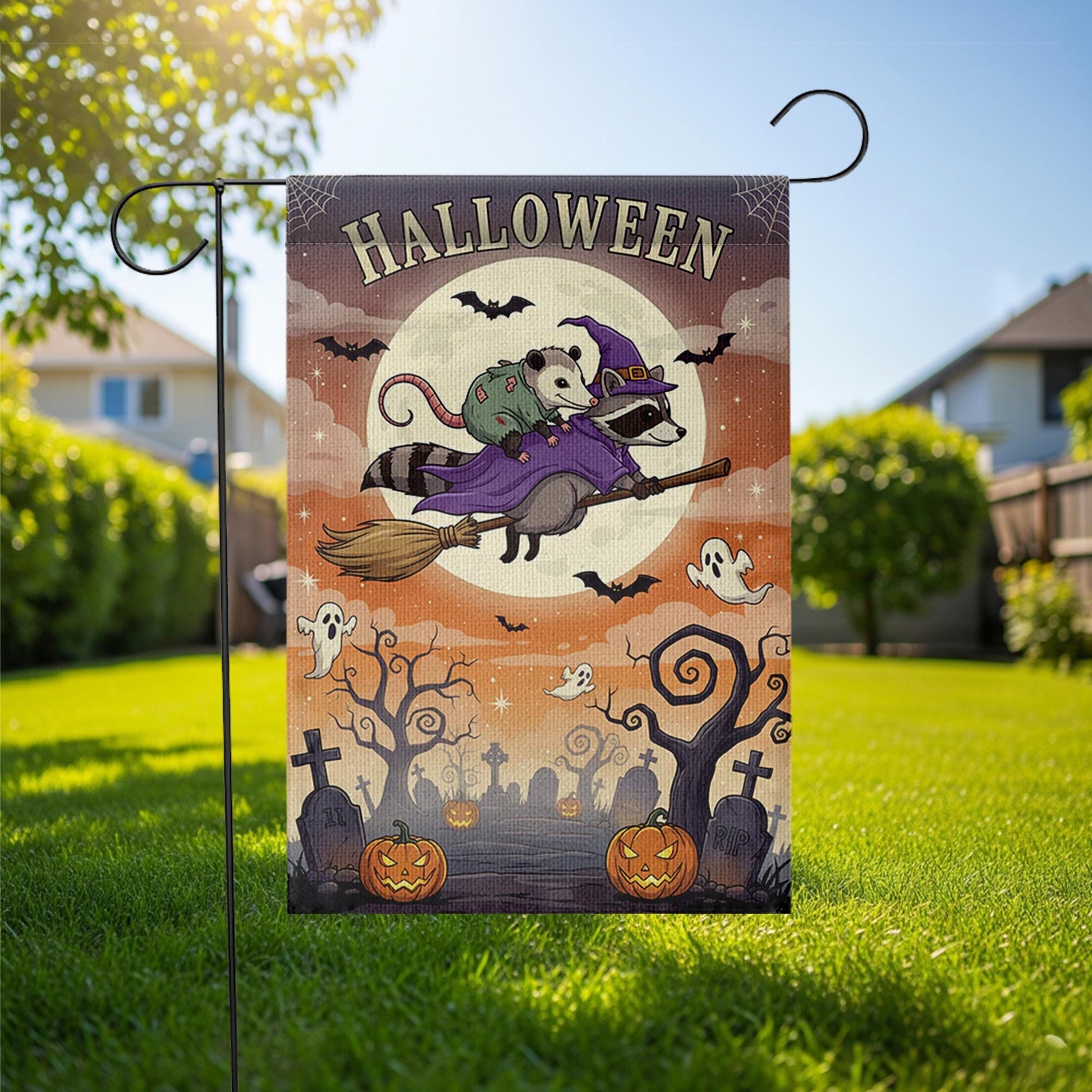 Halloween Garden Flag – Raccoon Witch Flying with Opossum – Cute Spooky Fall Yard Decor