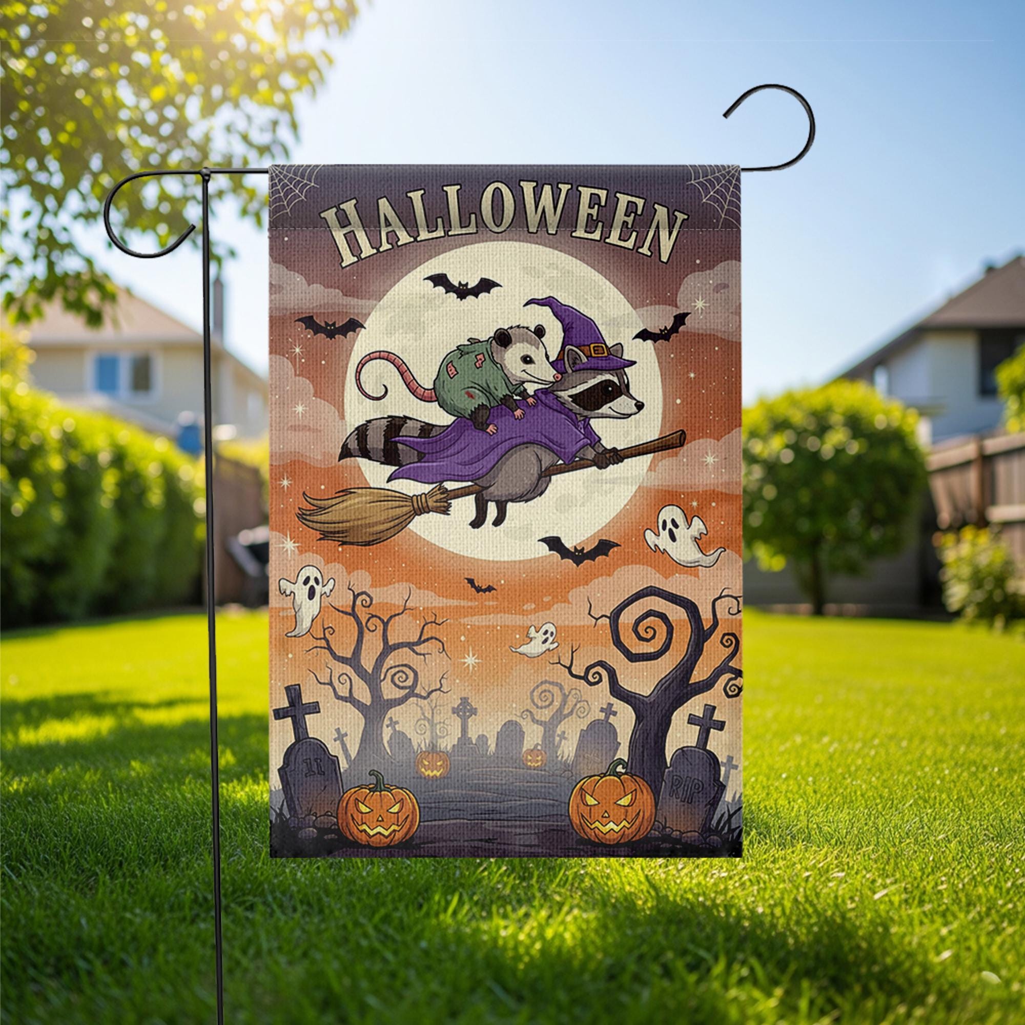 Halloween Garden Flag – Raccoon Witch Flying with Opossum – Cute Spooky Fall Yard Decor