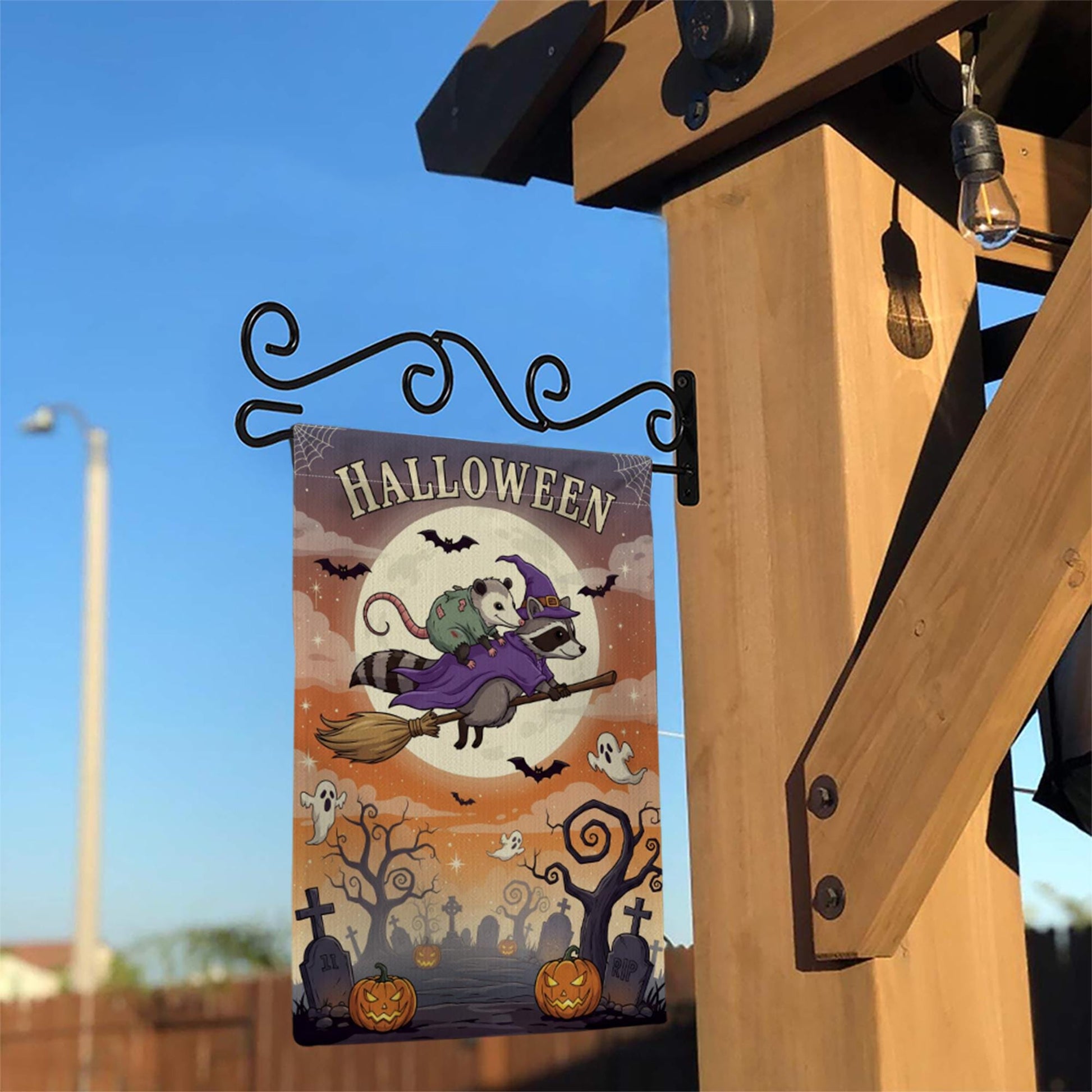 Halloween Garden Flag – Raccoon Witch Flying with Opossum – Cute Spooky Fall Yard Decor