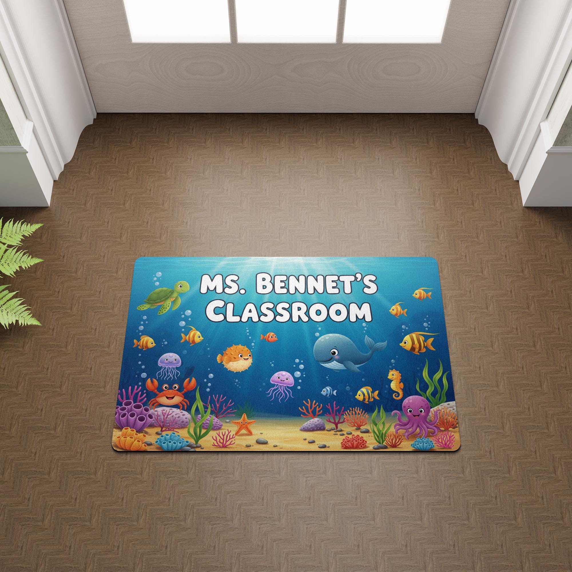 Personalized Under the Sea Classroom Doormat | Ocean Theme Teacher Rug | Custom Name Welcome Mat for Preschool or Elementary, Ocean Mat