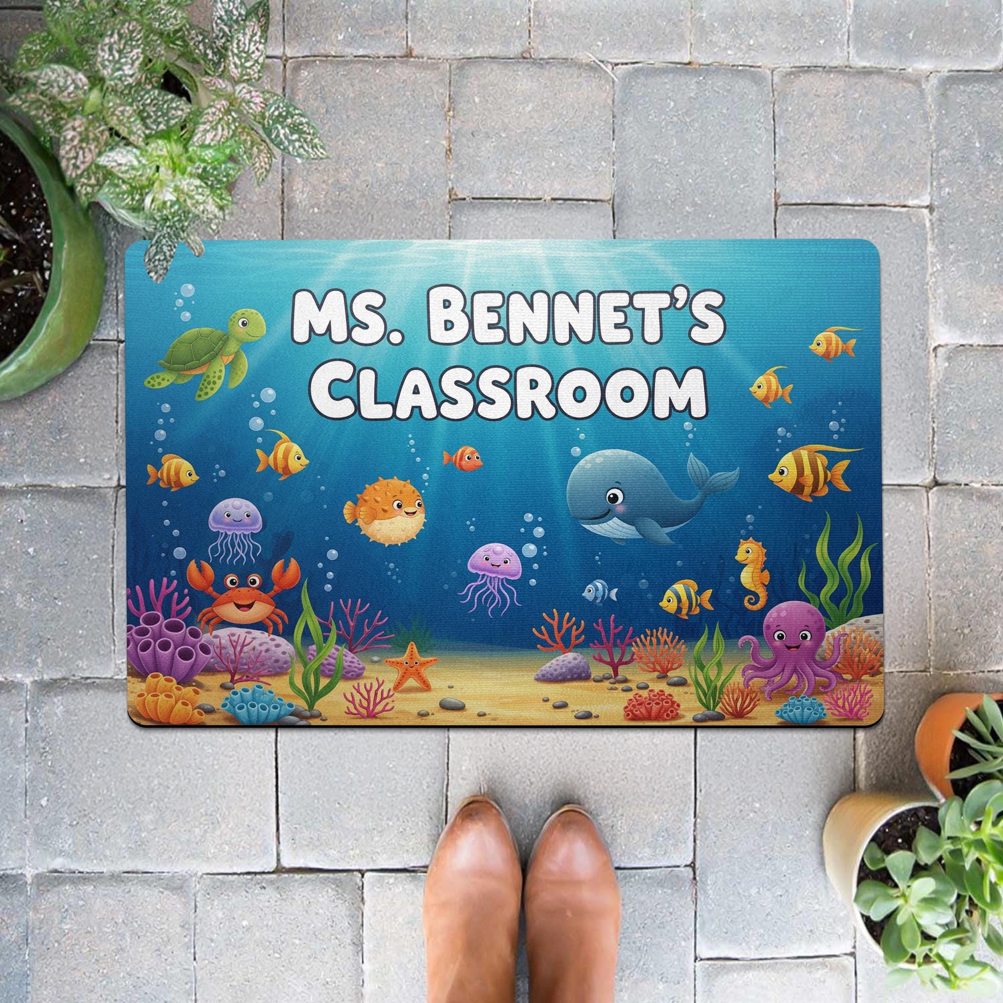 Personalized Under the Sea Classroom Doormat | Ocean Theme Teacher Rug | Custom Name Welcome Mat for Preschool or Elementary, Ocean Mat