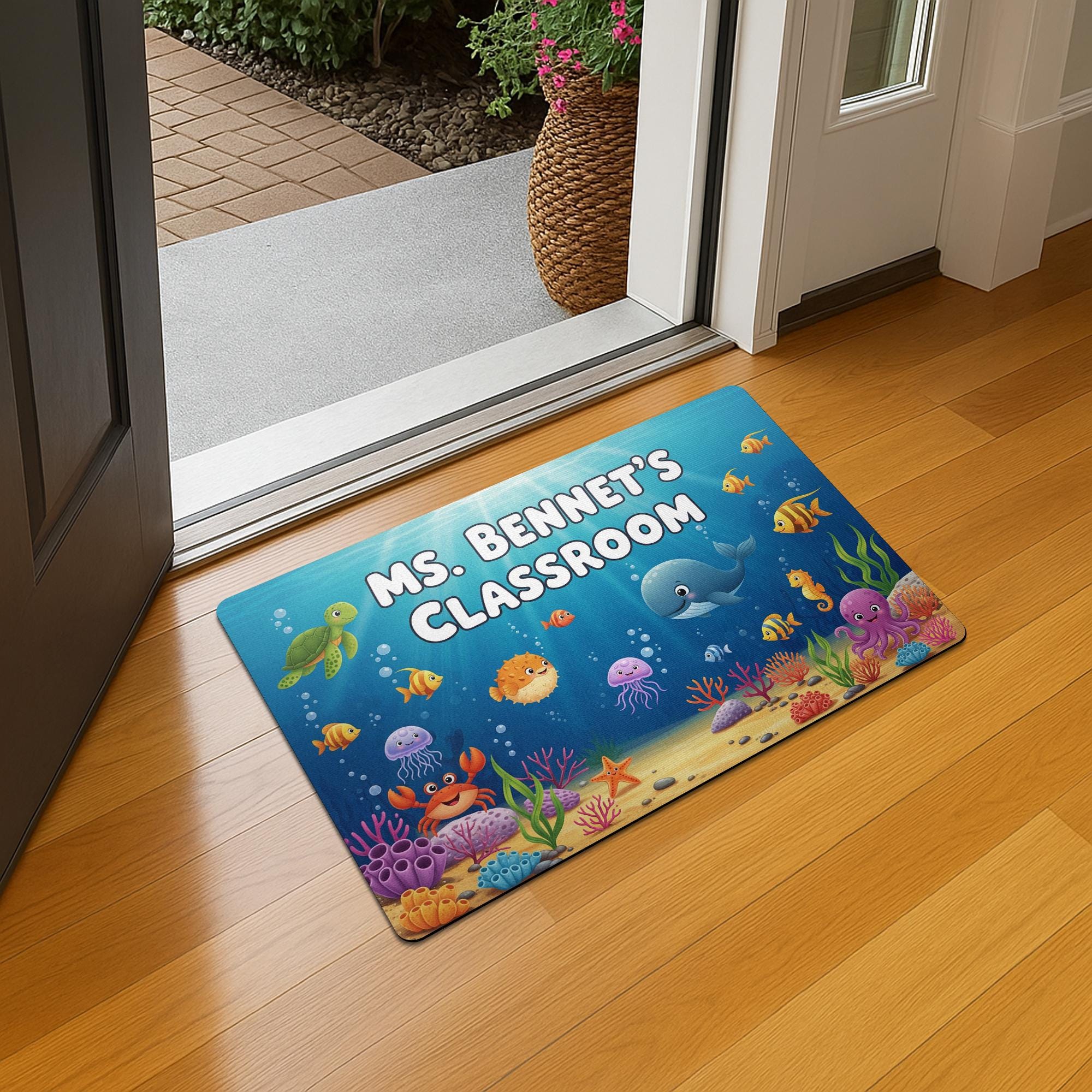 Personalized Under the Sea Classroom Doormat | Ocean Theme Teacher Rug | Custom Name Welcome Mat for Preschool or Elementary, Ocean Mat