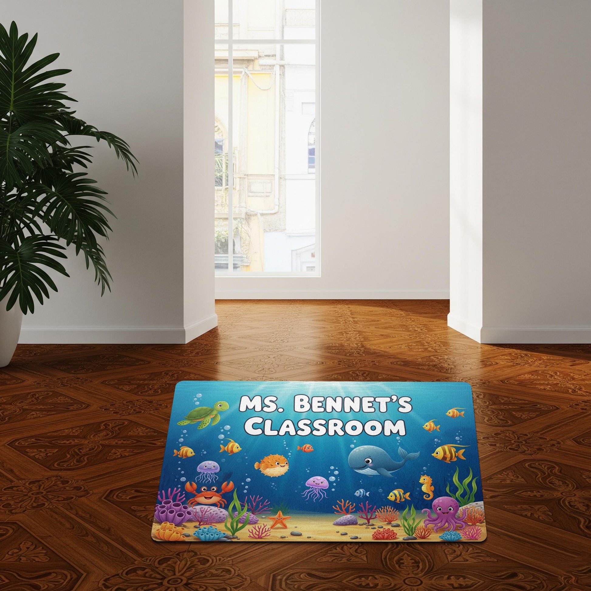 Personalized Under the Sea Classroom Doormat | Ocean Theme Teacher Rug | Custom Name Welcome Mat for Preschool or Elementary, Ocean Mat