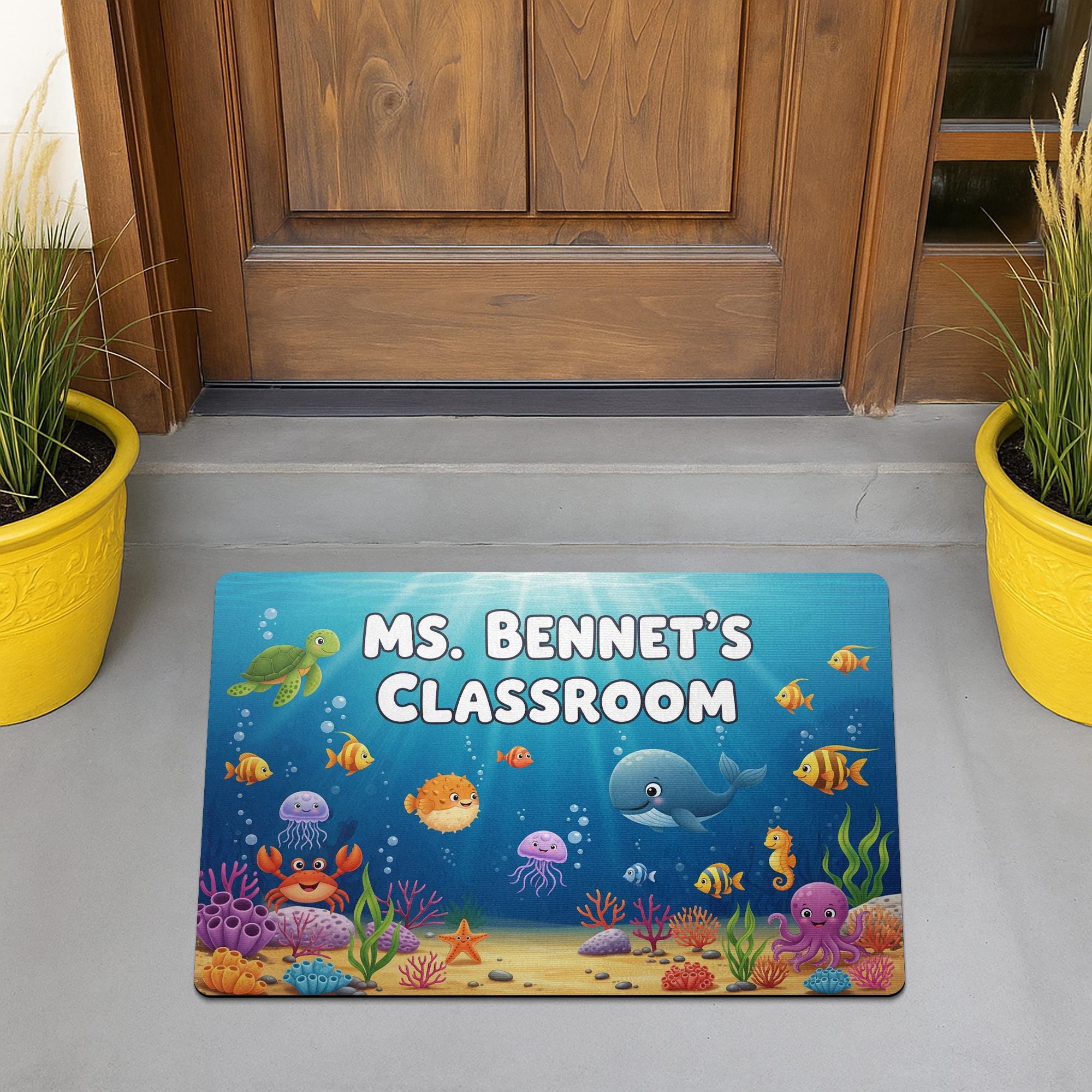 Personalized Under the Sea Classroom Doormat | Ocean Theme Teacher Rug | Custom Name Welcome Mat for Preschool or Elementary, Ocean Mat