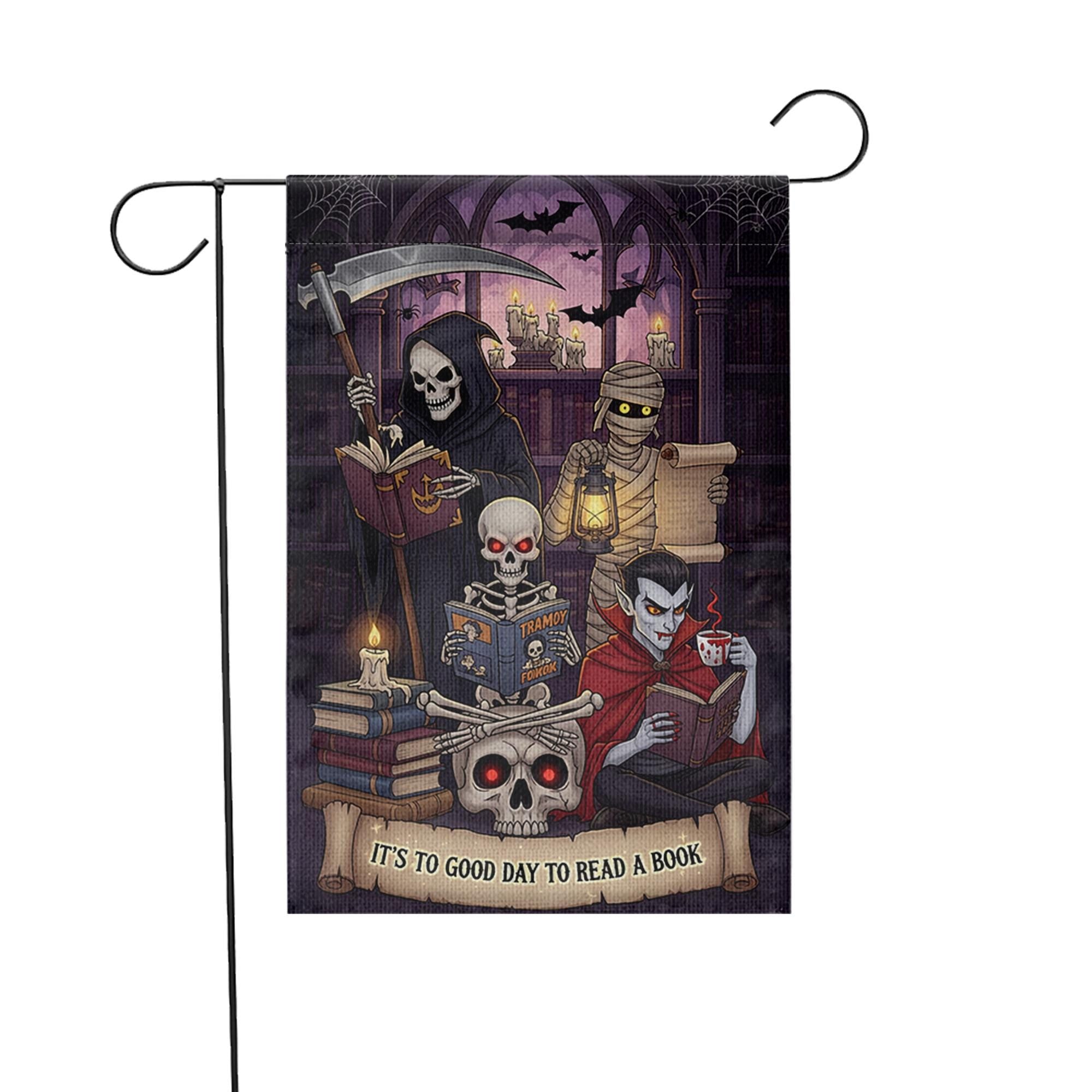 Halloween Reading Garden Flag – Grim Reaper Vampire Mummy Skeleton Book Lover Decor