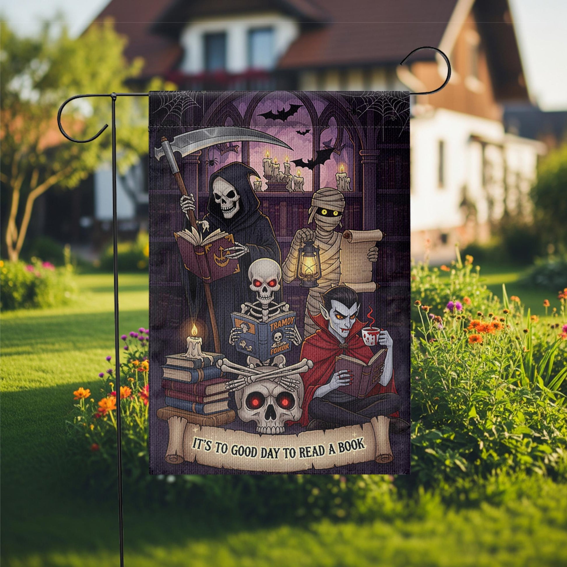 Halloween Reading Garden Flag – Grim Reaper Vampire Mummy Skeleton Book Lover Decor