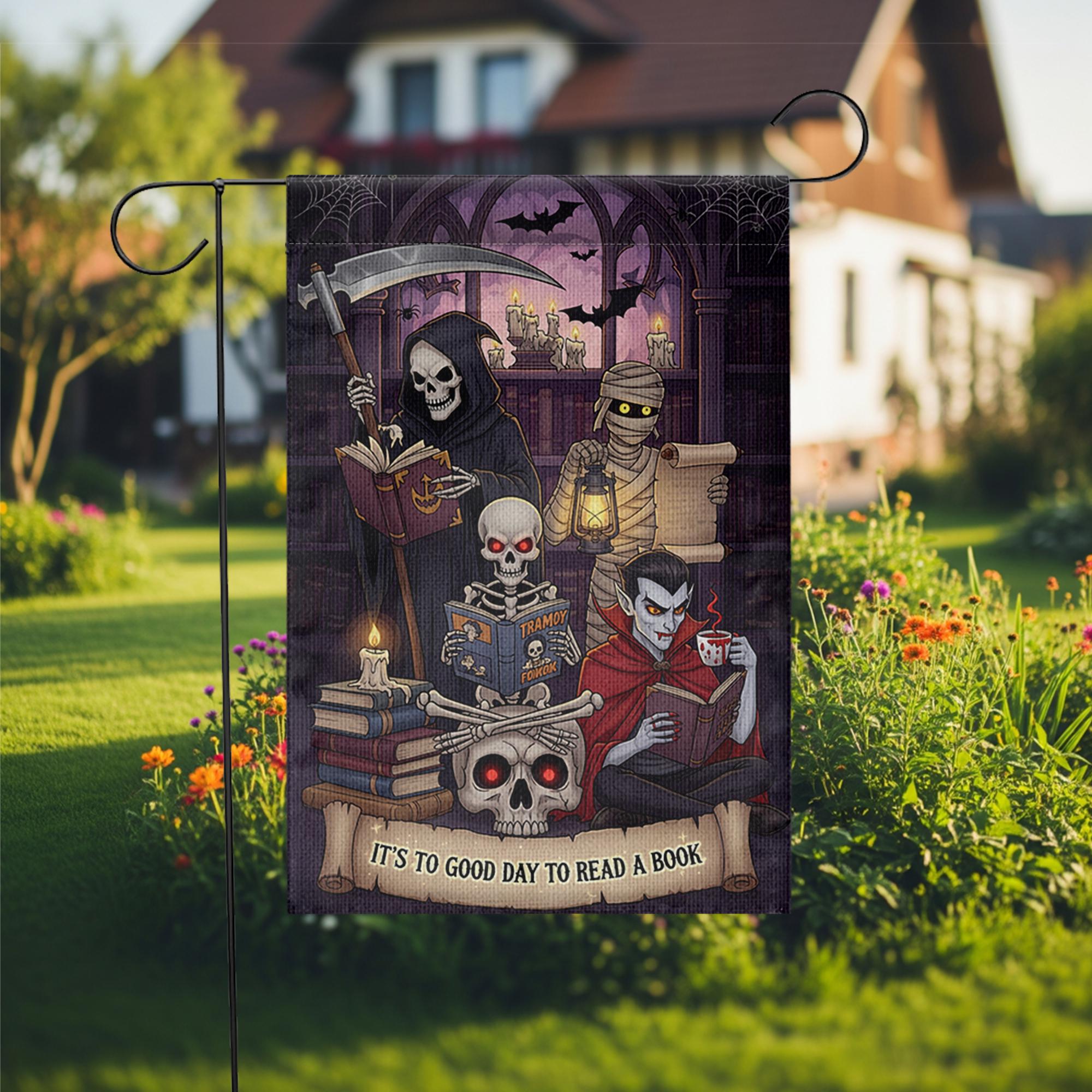 Halloween Reading Garden Flag – Grim Reaper Vampire Mummy Skeleton Book Lover Decor
