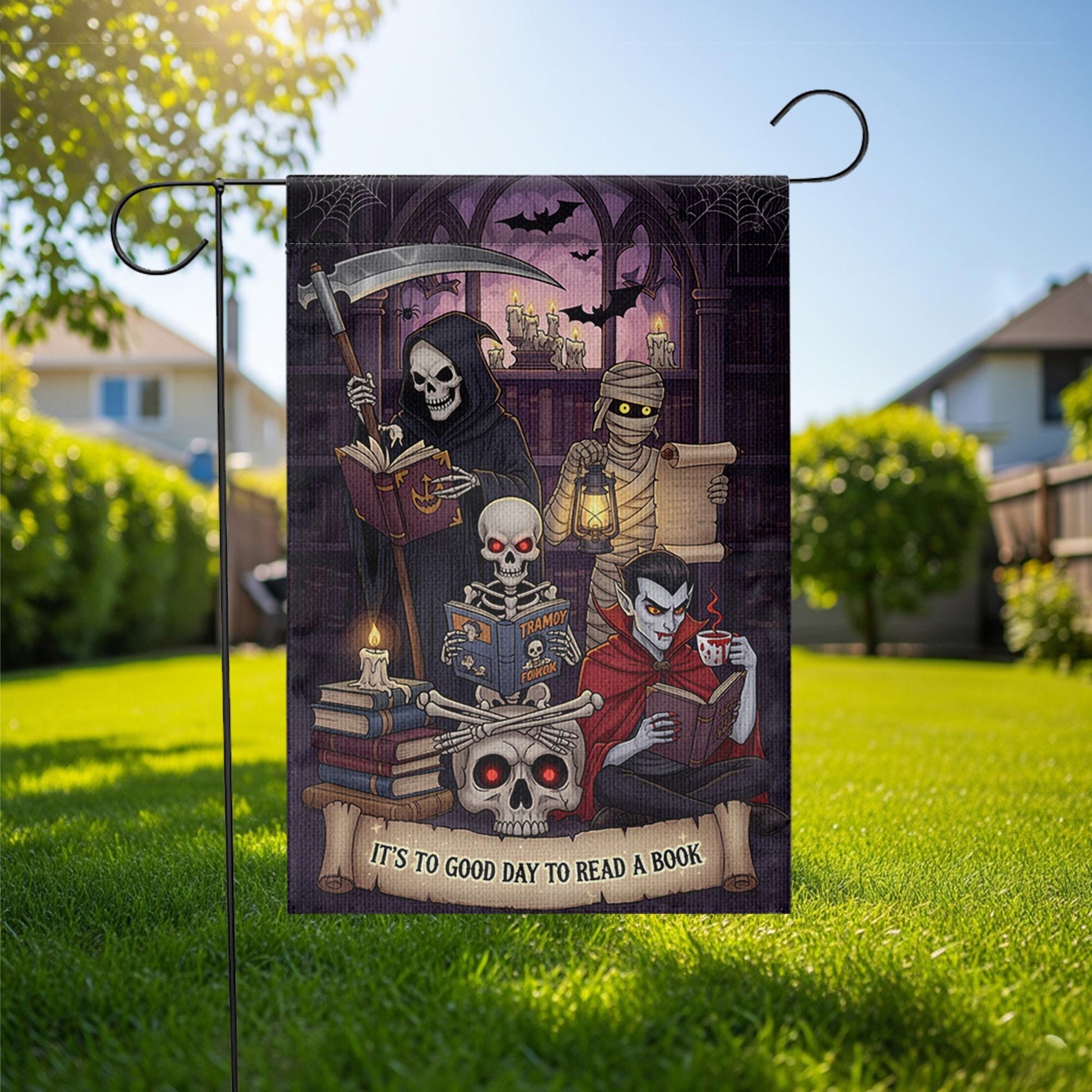 Halloween Reading Garden Flag – Grim Reaper Vampire Mummy Skeleton Book Lover Decor