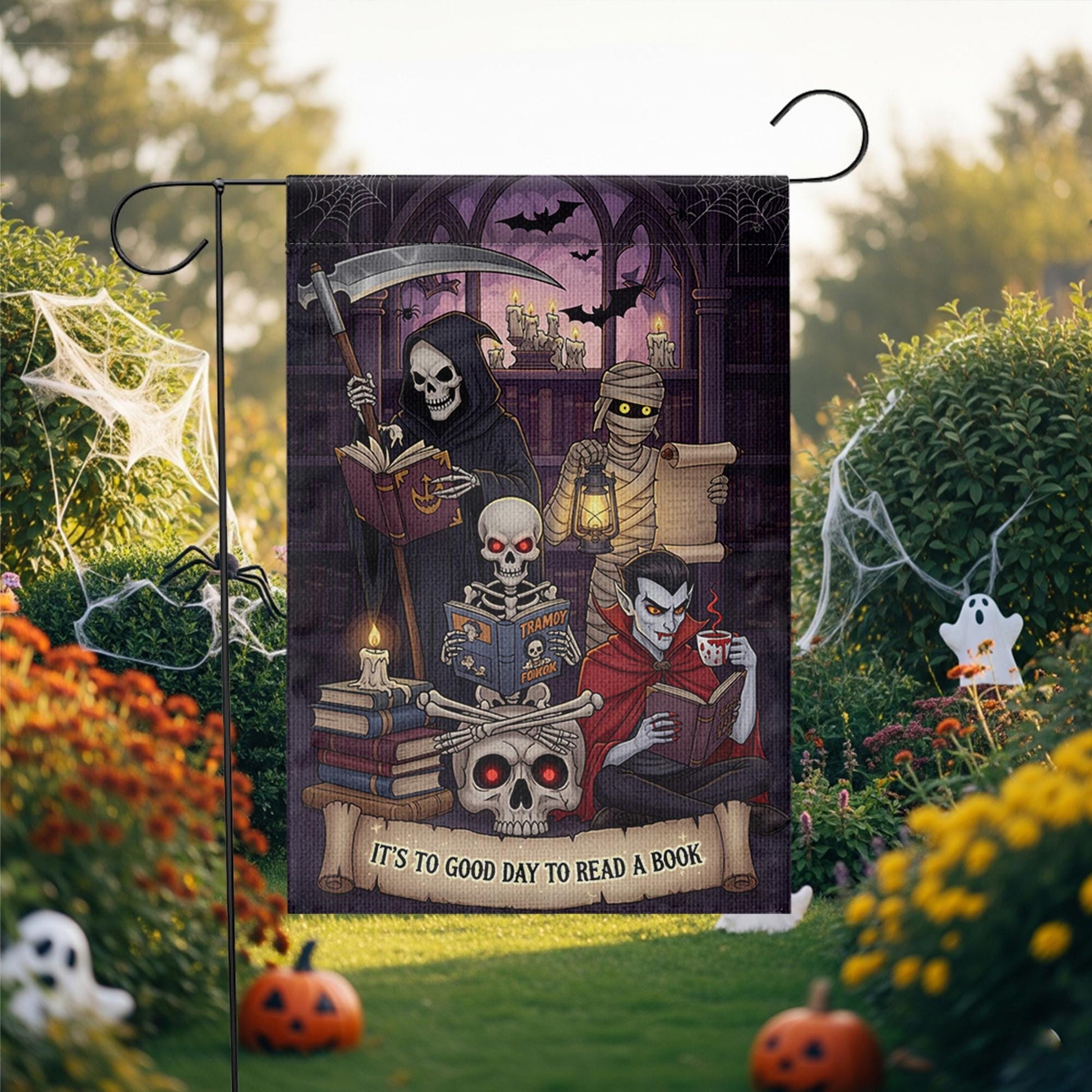 Halloween Reading Garden Flag – Grim Reaper Vampire Mummy Skeleton Book Lover Decor