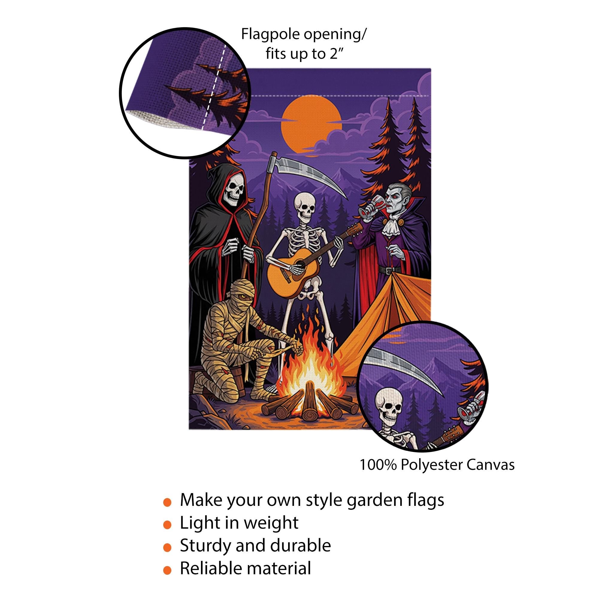 Halloween Campfire Garden Flag – Grim Reaper Skeleton Vampire Mummy Funny Spooky Decor
