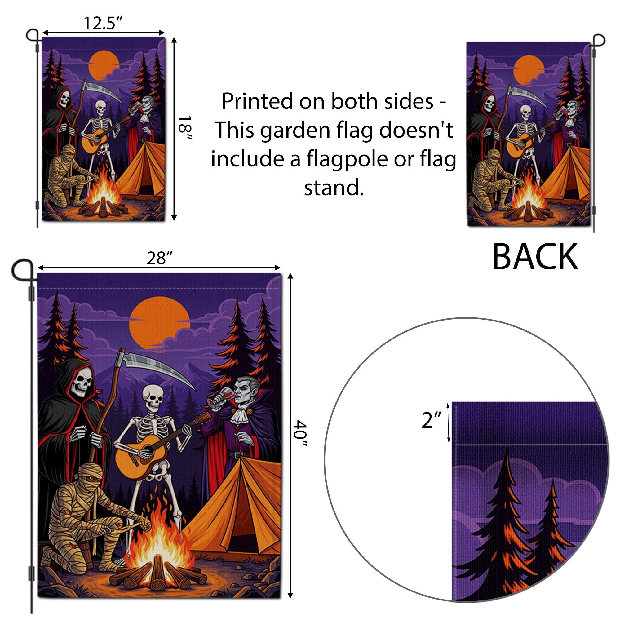 Halloween Campfire Garden Flag – Grim Reaper Skeleton Vampire Mummy Funny Spooky Decor