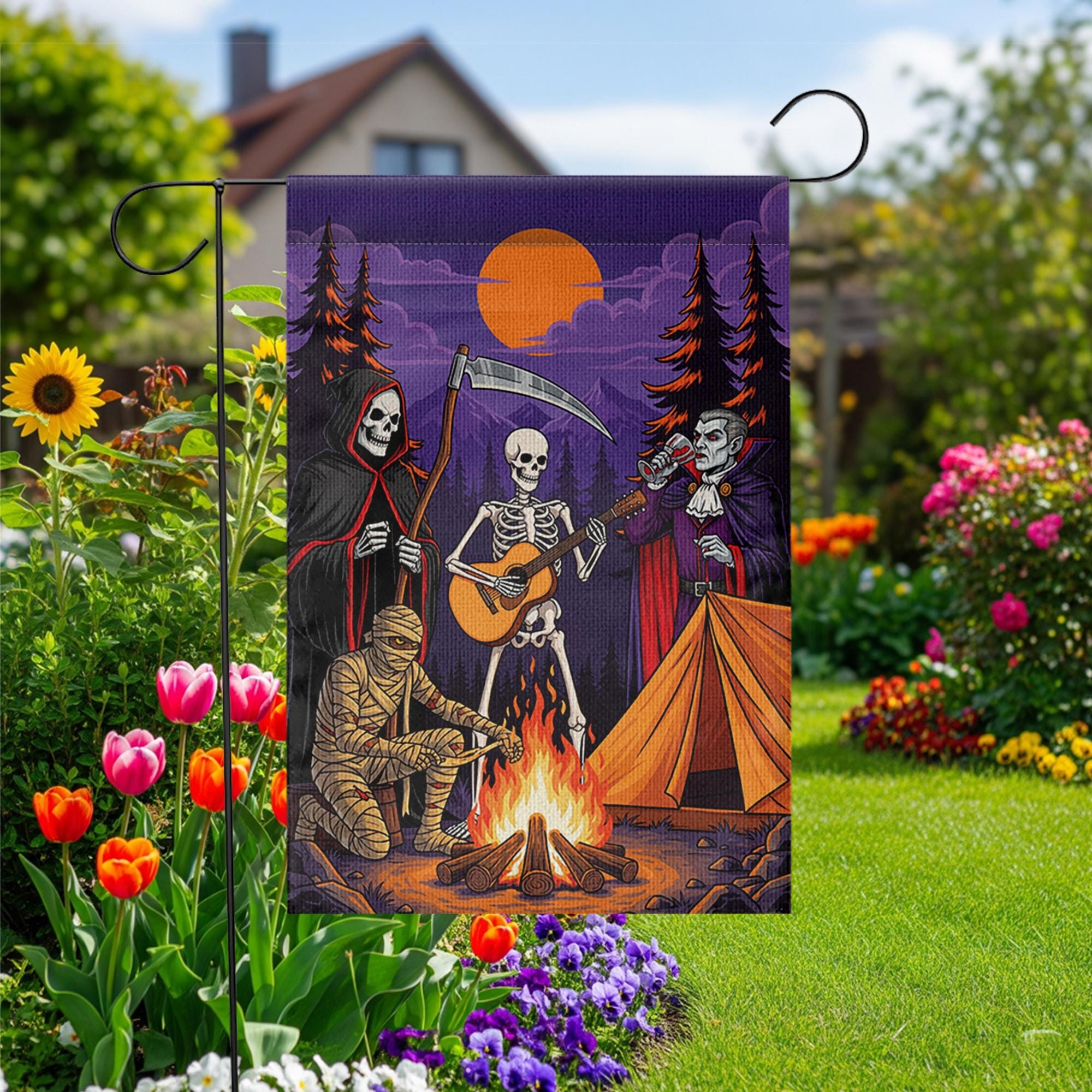 Halloween Campfire Garden Flag – Grim Reaper Skeleton Vampire Mummy Funny Spooky Decor