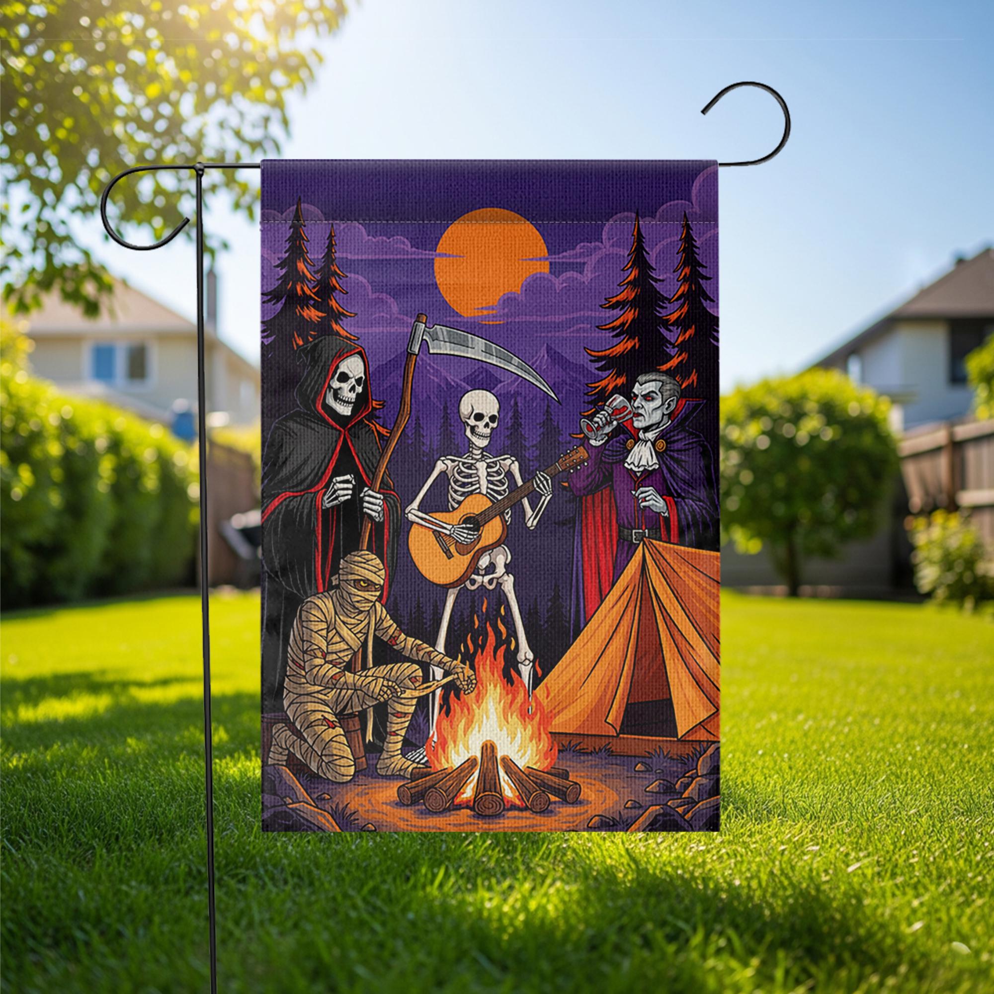 Halloween Campfire Garden Flag – Grim Reaper Skeleton Vampire Mummy Funny Spooky Decor