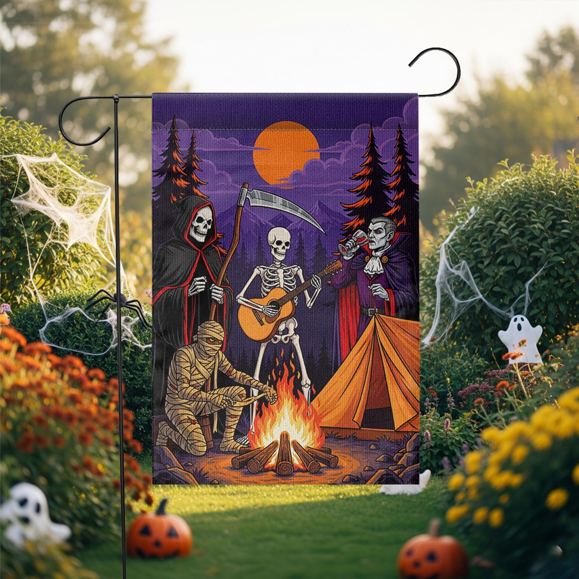 Halloween Campfire Garden Flag – Grim Reaper Skeleton Vampire Mummy Funny Spooky Decor