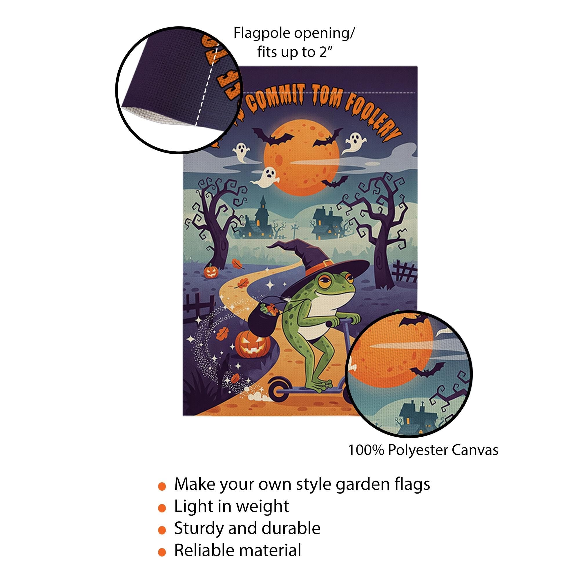 Funny Halloween Garden Flag – Witch Frog on Scooter – Off to Commit Tom Foolery Decor
