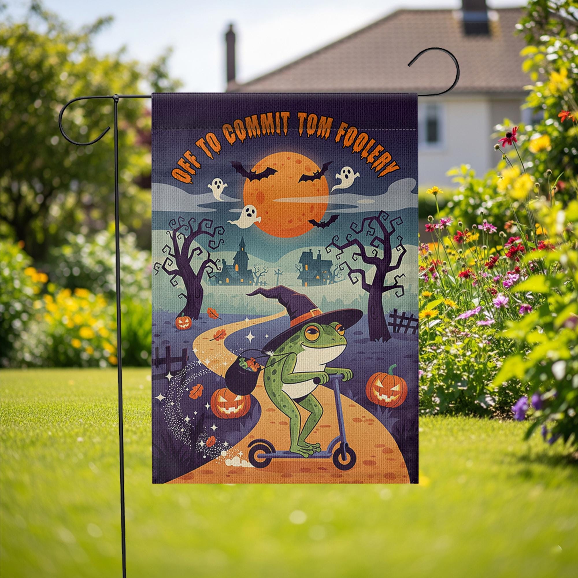 Funny Halloween Garden Flag – Witch Frog on Scooter – Off to Commit Tom Foolery Decor
