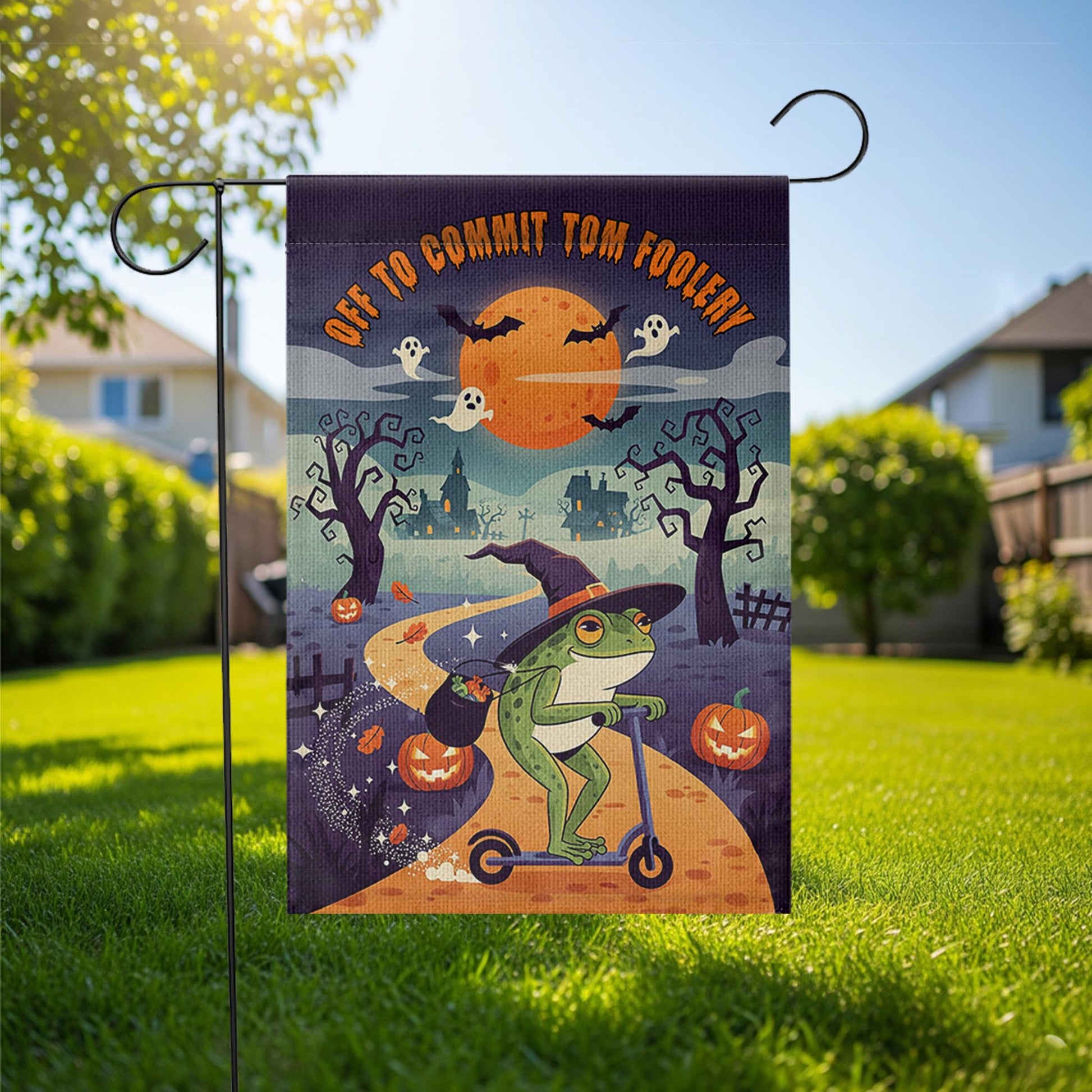 Funny Halloween Garden Flag – Witch Frog on Scooter – Off to Commit Tom Foolery Decor