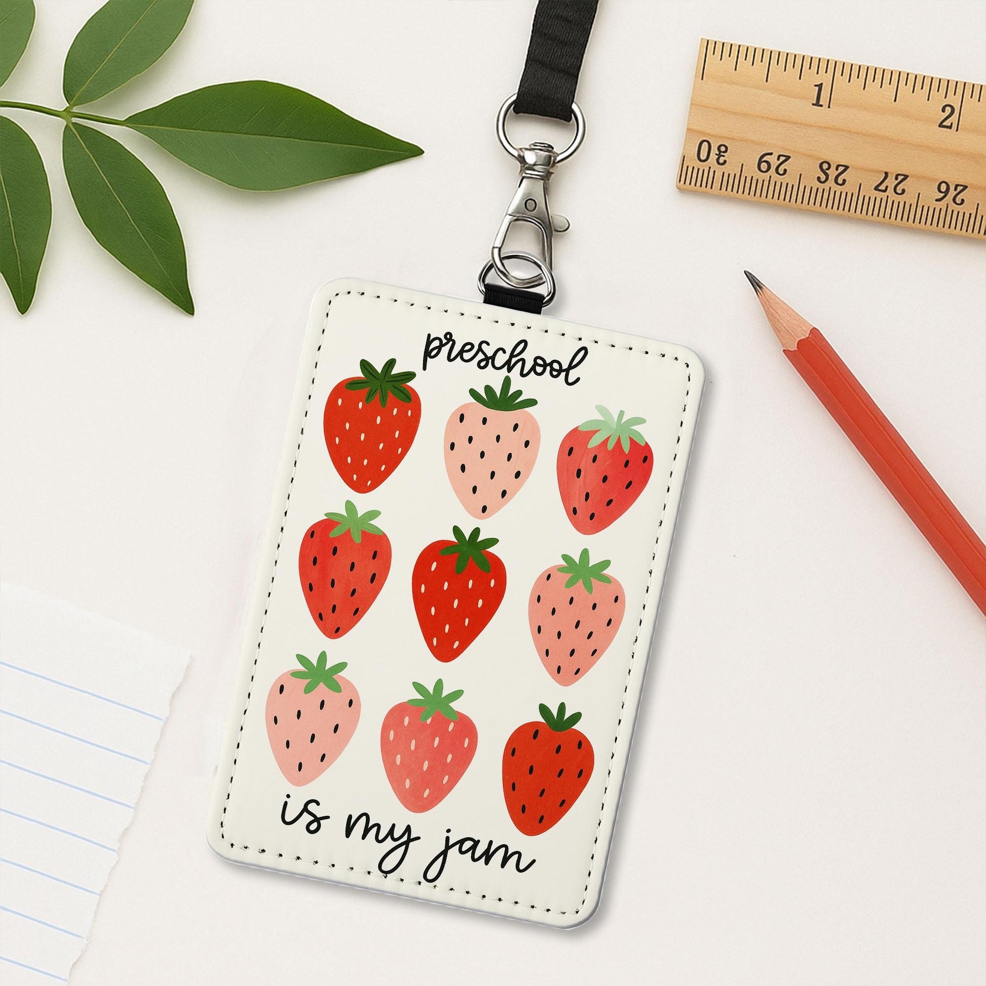 Preschool Is My Jam Strawberry ID Holder | Cute Teacher Badge Reel | Fun Lanyard Tag for Preschool Teachers, Early Educators, Classroom Gift