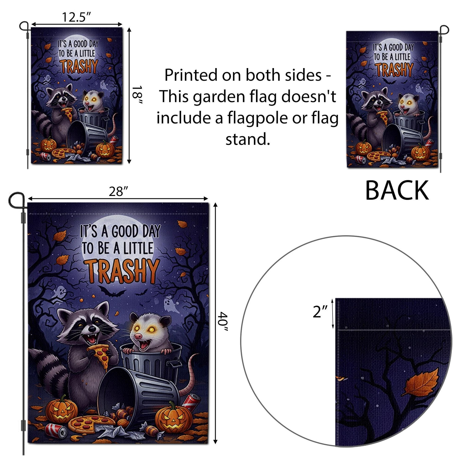 Funny Halloween Garden Flag – Raccoon and Opossum Trashy Quote – Spooky Cute Fall Decor