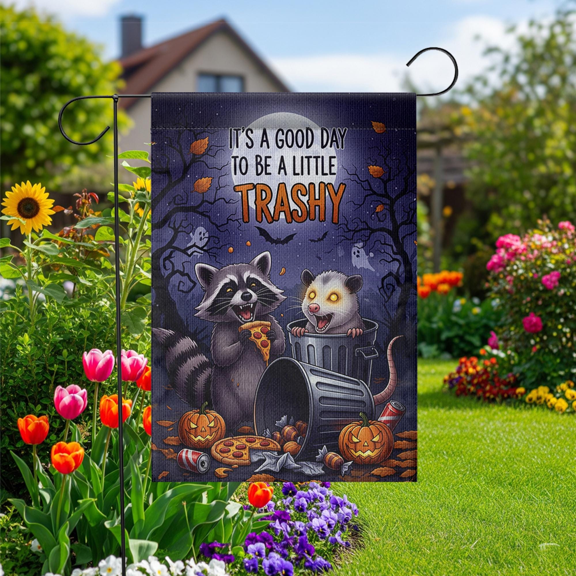 Funny Halloween Garden Flag – Raccoon and Opossum Trashy Quote – Spooky Cute Fall Decor
