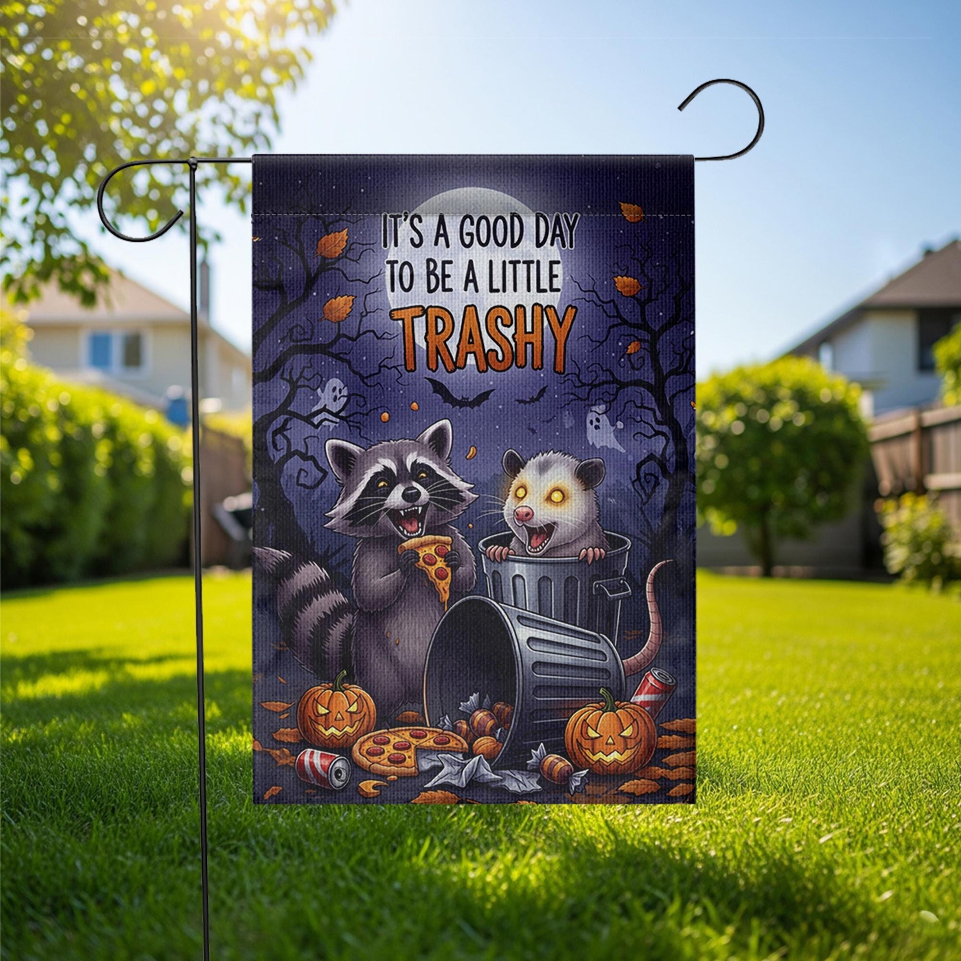 Funny Halloween Garden Flag – Raccoon and Opossum Trashy Quote – Spooky Cute Fall Decor