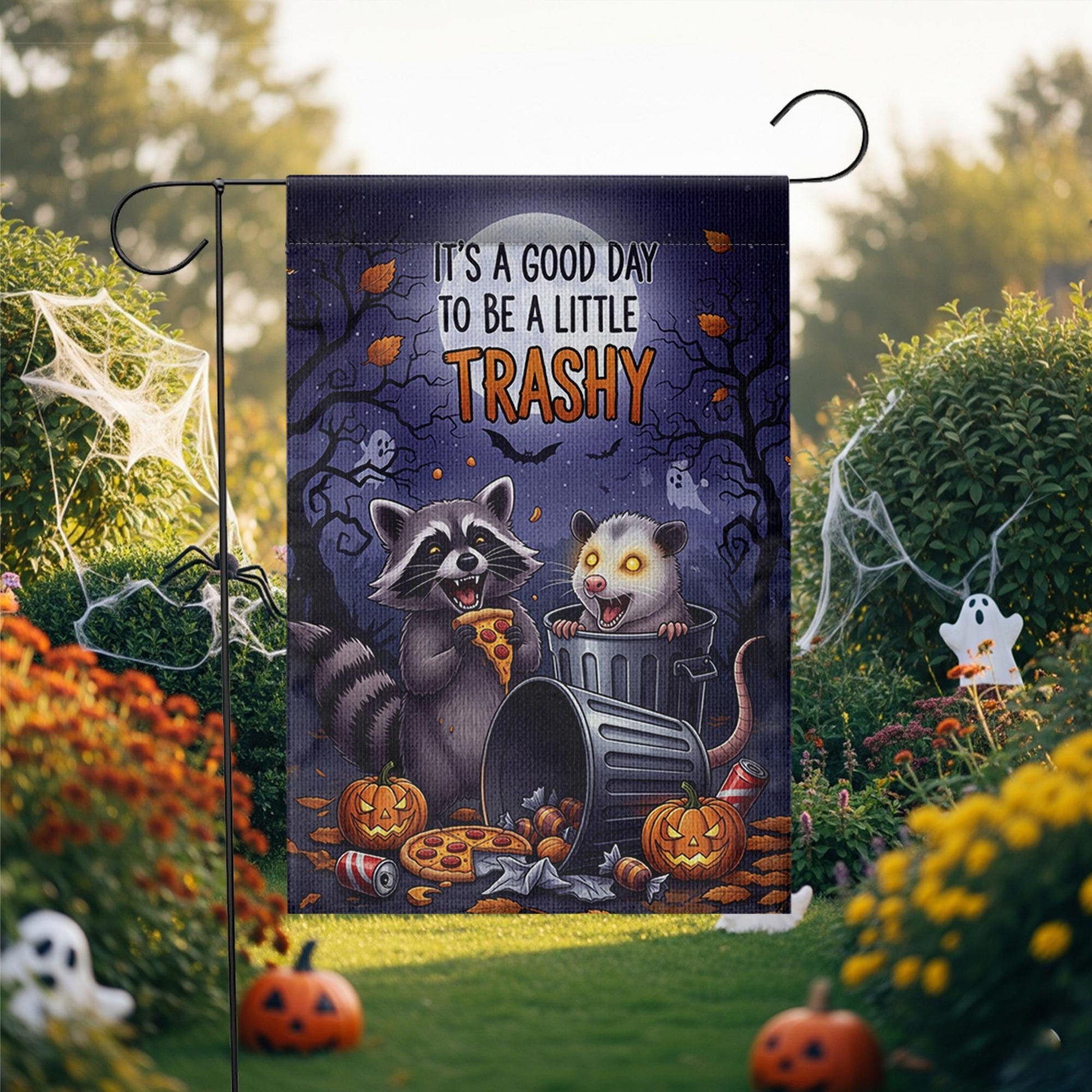 Funny Halloween Garden Flag – Raccoon and Opossum Trashy Quote – Spooky Cute Fall Decor