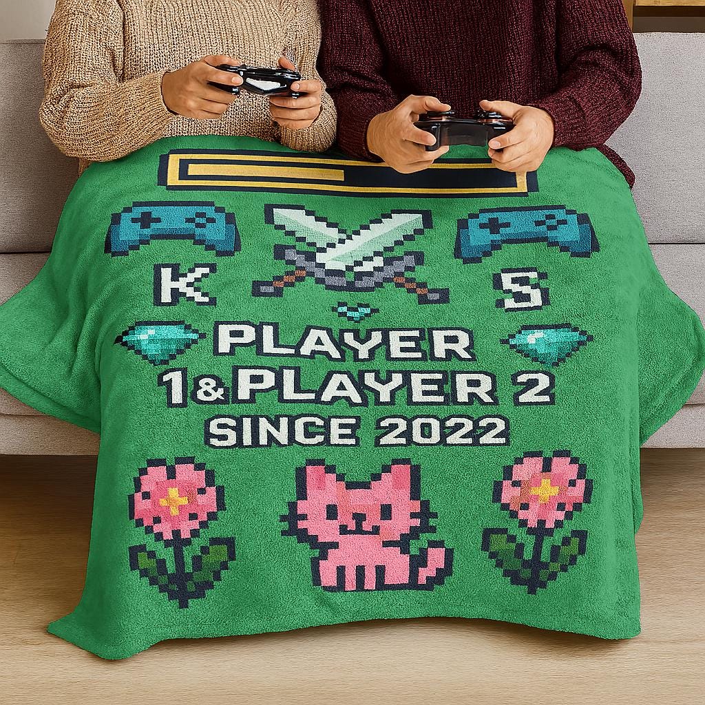 Gamer Couple Blanket, Player 1 & 2 Anniversary Gift, Pixel Art Throw Blanket, Custom Gaming Love Blanket, Couple Anniversary Cozy Gift