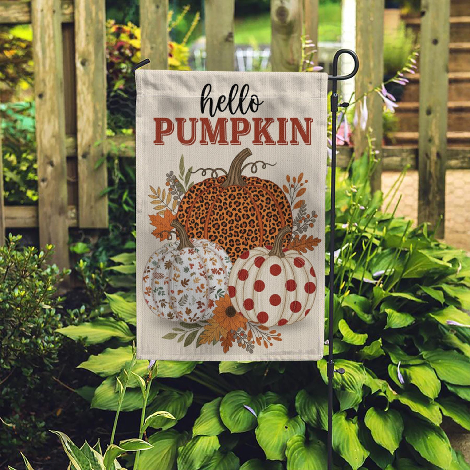 Hello Pumpkin Fall Garden Flag | Leopard, Polka Dot, Leaf Pumpkin Yard Decor | Rustic Autumn Outdoor Sign for Porch or Lawn, Autumn flag