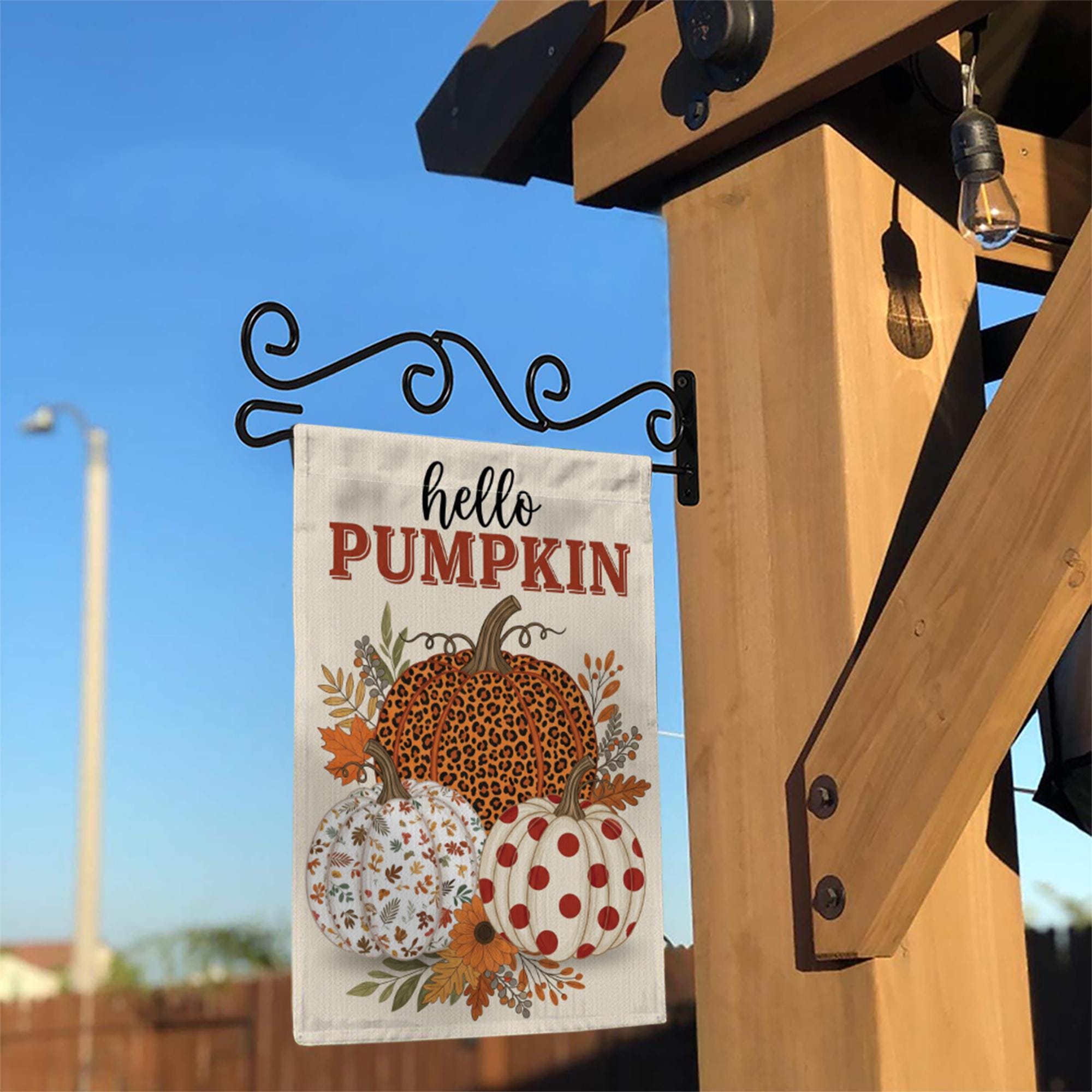 Hello Pumpkin Fall Garden Flag | Leopard, Polka Dot, Leaf Pumpkin Yard Decor | Rustic Autumn Outdoor Sign for Porch or Lawn, Autumn flag