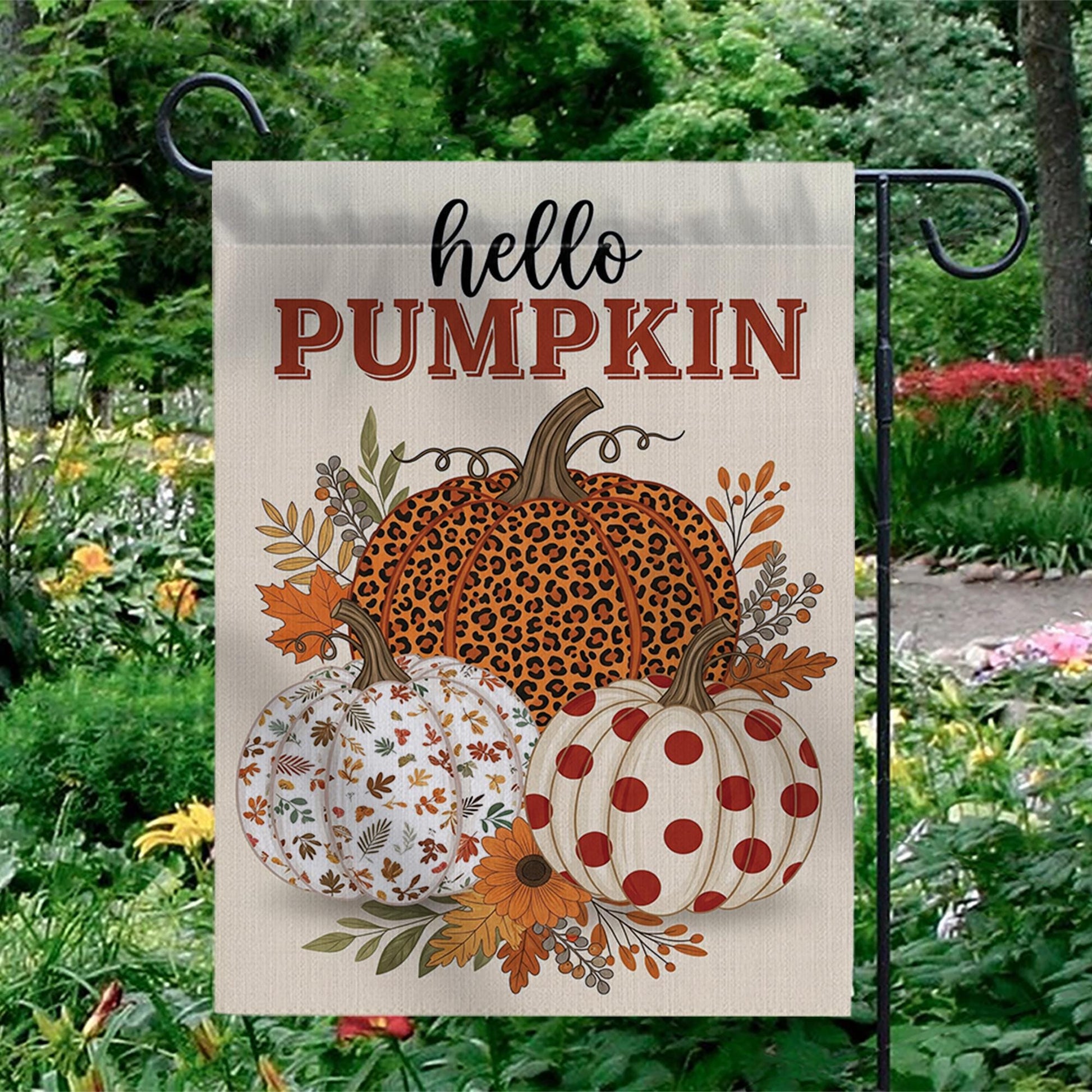 Hello Pumpkin Fall Garden Flag | Leopard, Polka Dot, Leaf Pumpkin Yard Decor | Rustic Autumn Outdoor Sign for Porch or Lawn, Autumn flag