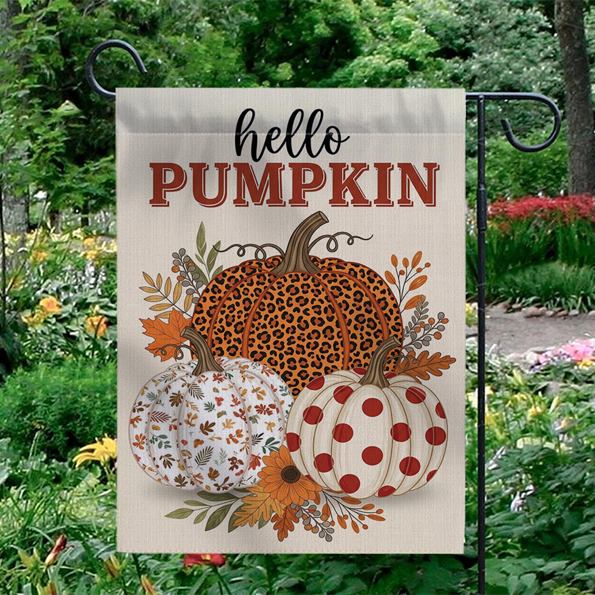 Hello Pumpkin Fall Garden Flag | Leopard, Polka Dot, Leaf Pumpkin Yard Decor | Rustic Autumn Outdoor Sign for Porch or Lawn, Autumn flag