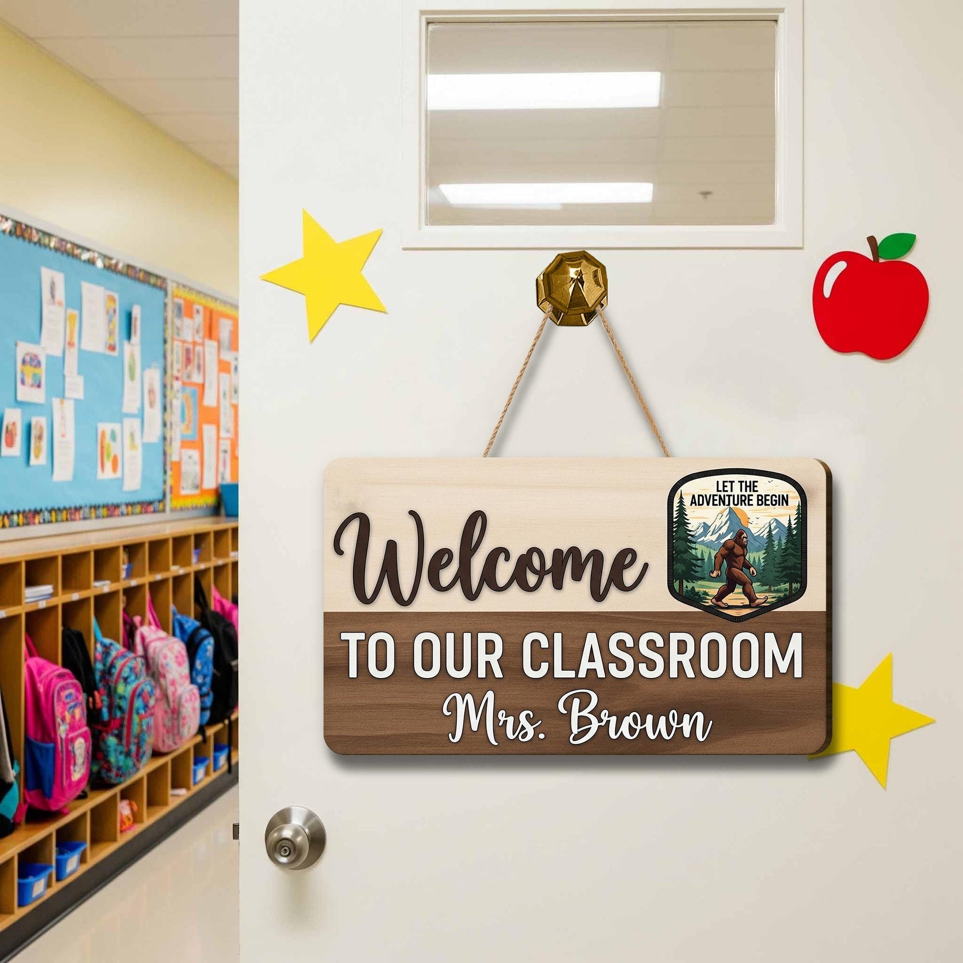 Welcome to Our Classroom Sign with Name, Adventure Teacher Door Sign, Custom Rustic Classroom Decor with Bigfoot Design, Classroom Sign