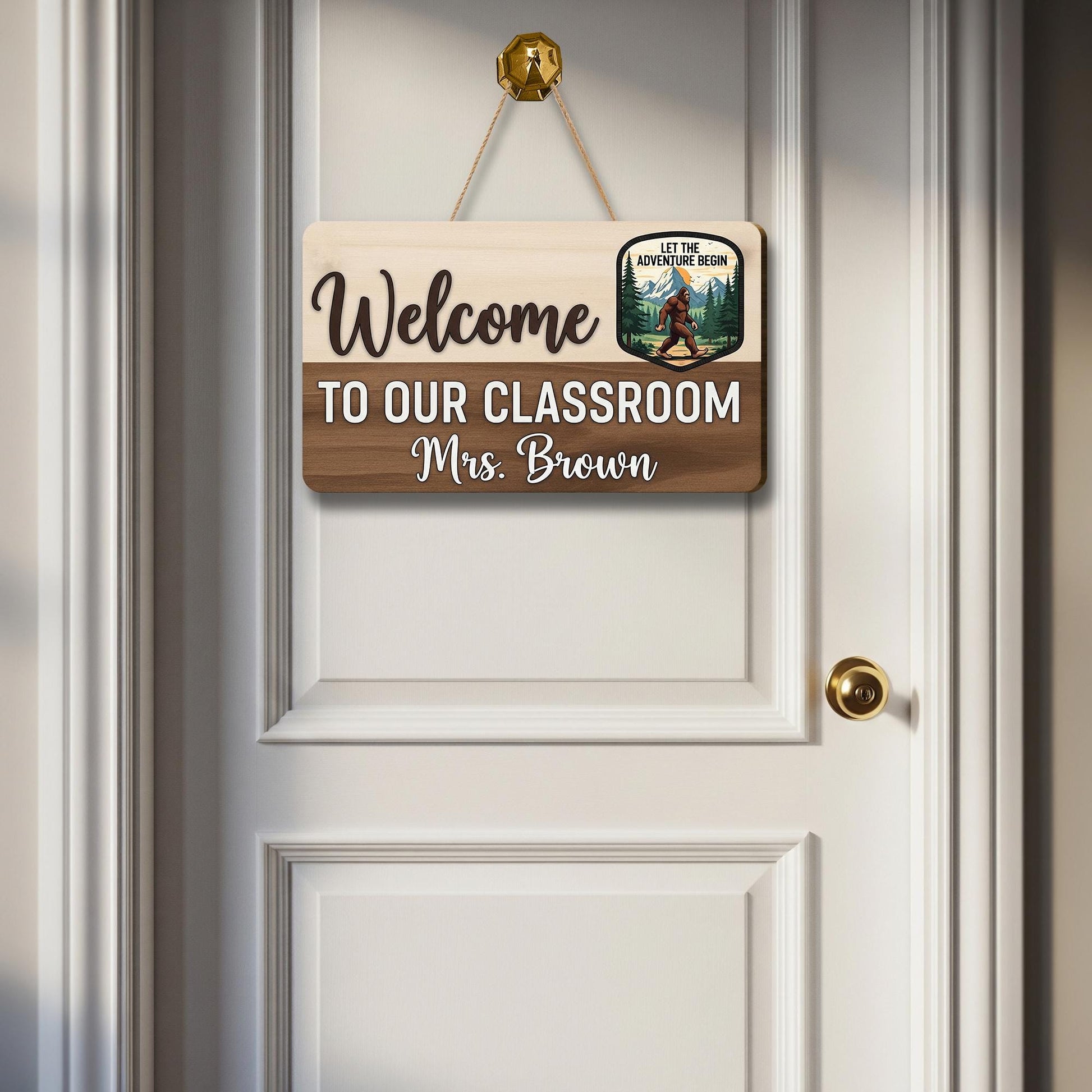 Welcome to Our Classroom Sign with Name, Adventure Teacher Door Sign, Custom Rustic Classroom Decor with Bigfoot Design, Classroom Sign