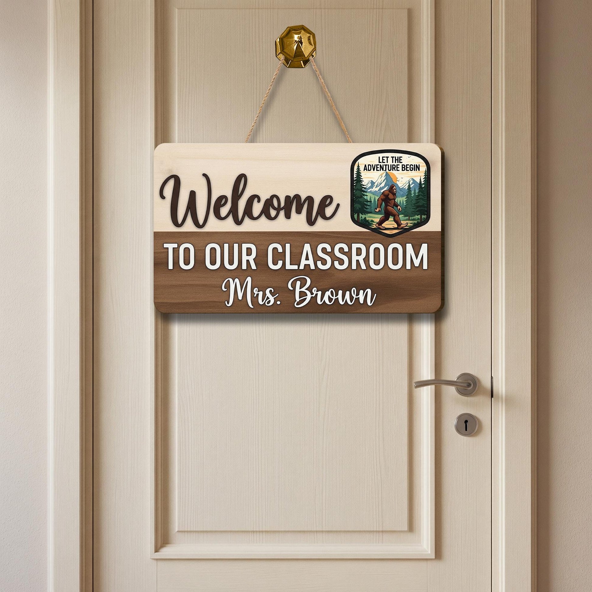 Welcome to Our Classroom Sign with Name, Adventure Teacher Door Sign, Custom Rustic Classroom Decor with Bigfoot Design, Classroom Sign