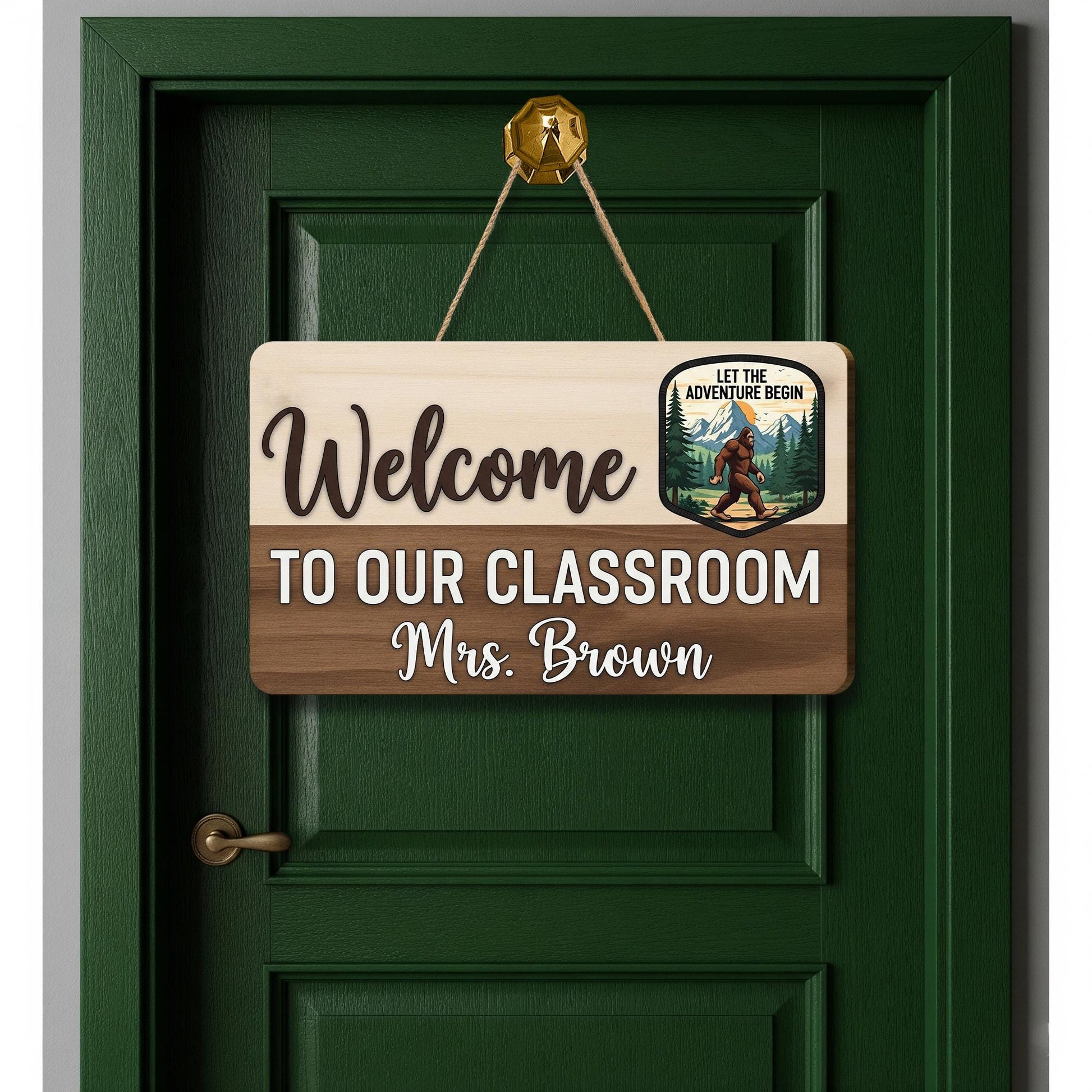 Welcome to Our Classroom Sign with Name, Adventure Teacher Door Sign, Custom Rustic Classroom Decor with Bigfoot Design, Classroom Sign
