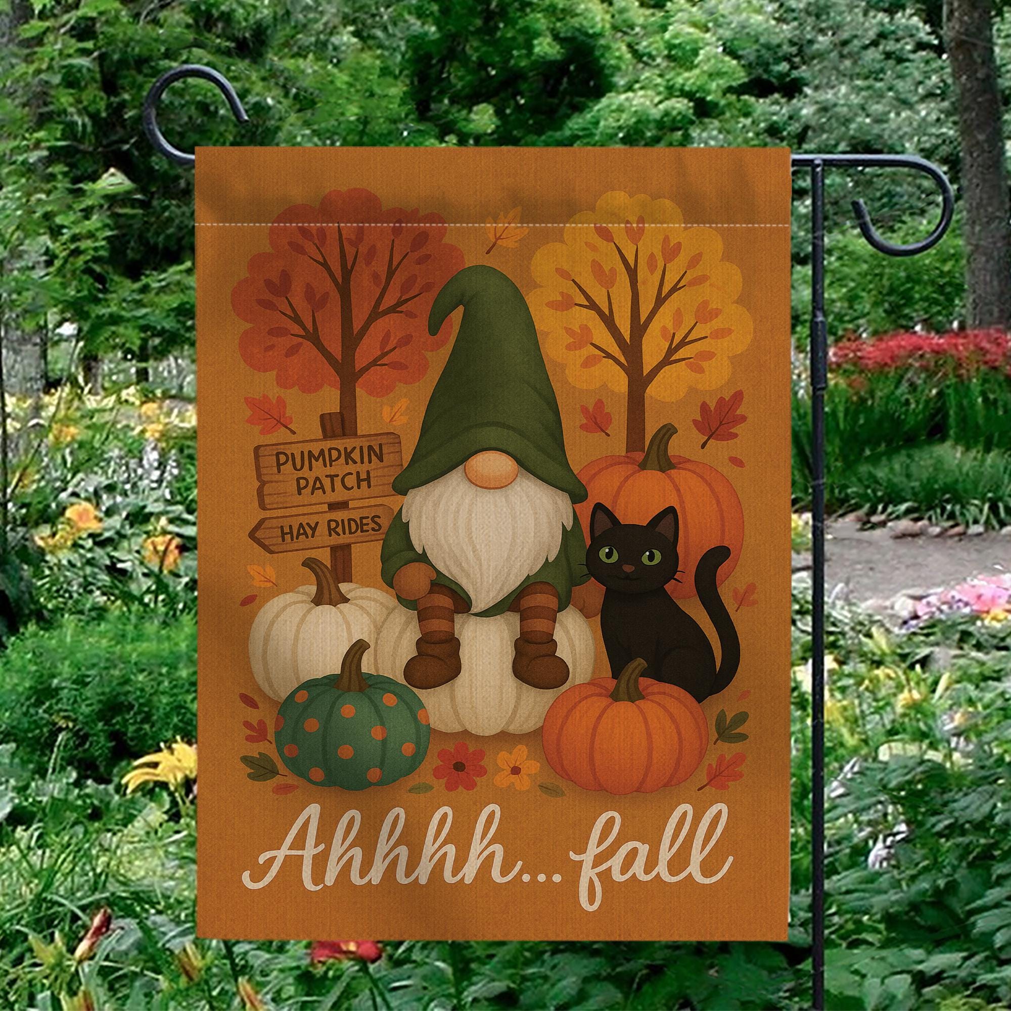 Ahhhh…Fall Gnome & Black Cat Garden Flag – Pumpkin Patch Yard Banner, Cute Autumn Outdoor Decor, Gnome Pumpkin Flag, Cute Fall Flag