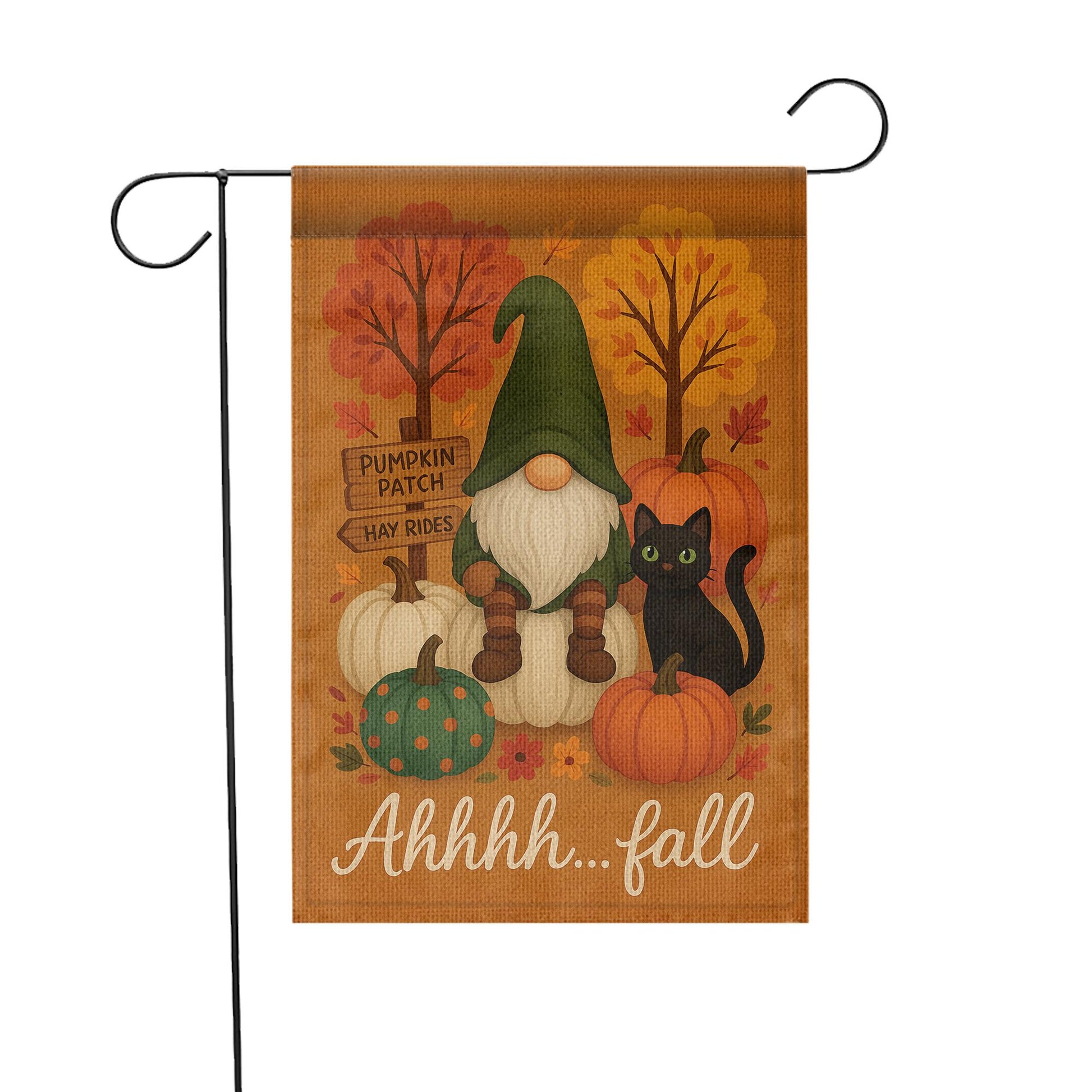 Ahhhh…Fall Gnome & Black Cat Garden Flag – Pumpkin Patch Yard Banner, Cute Autumn Outdoor Decor, Gnome Pumpkin Flag, Cute Fall Flag