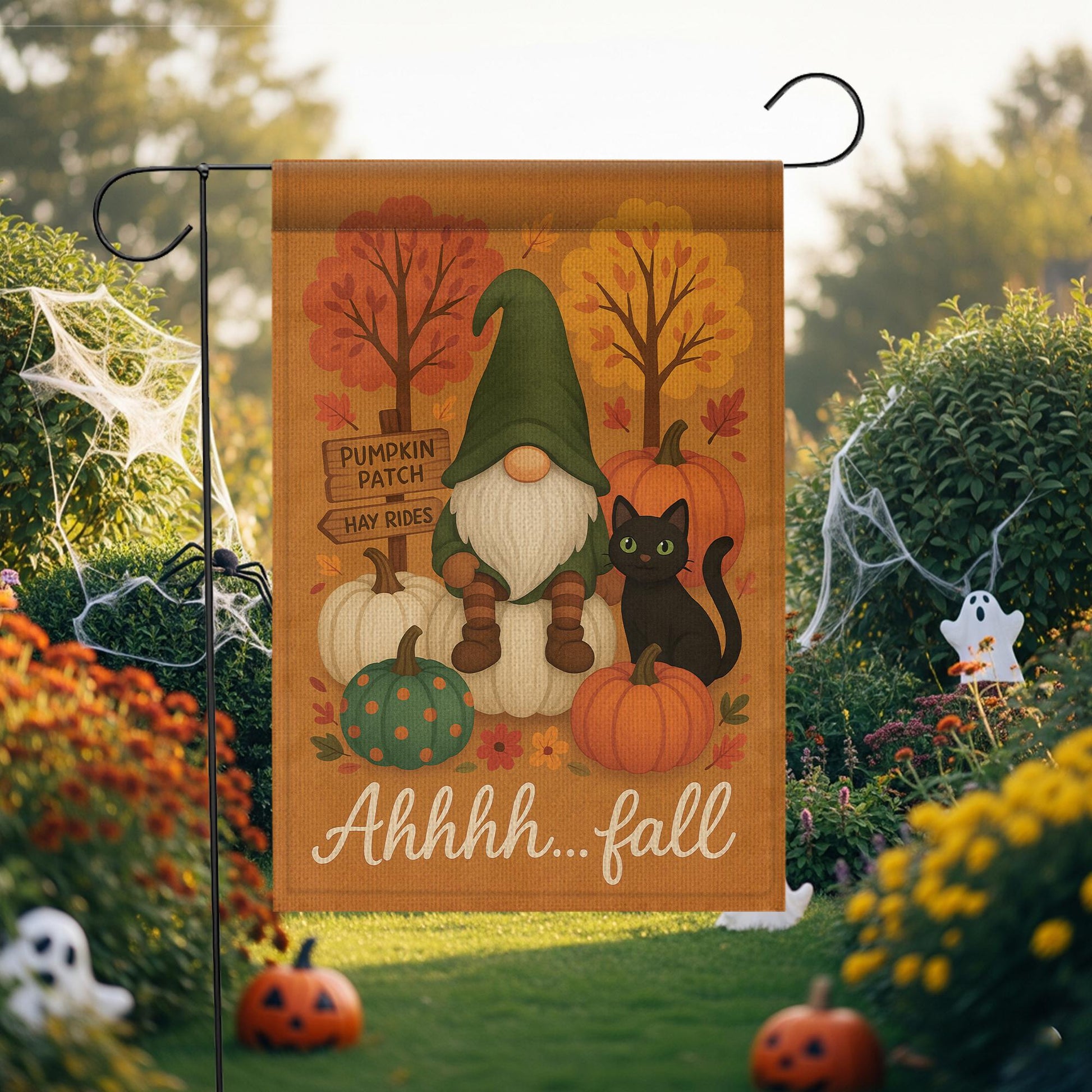 Ahhhh…Fall Gnome & Black Cat Garden Flag – Pumpkin Patch Yard Banner, Cute Autumn Outdoor Decor, Gnome Pumpkin Flag, Cute Fall Flag