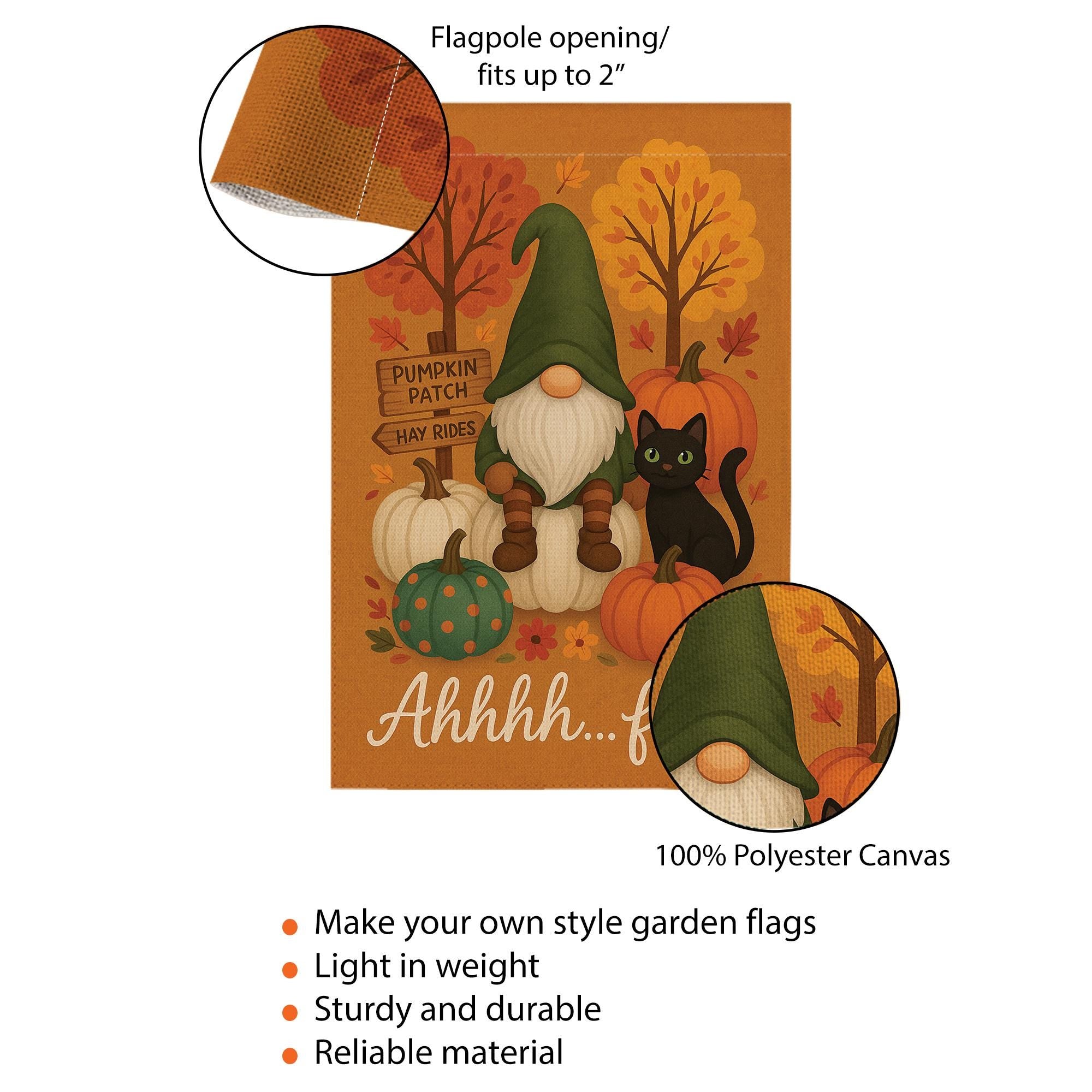 Ahhhh…Fall Gnome & Black Cat Garden Flag – Pumpkin Patch Yard Banner, Cute Autumn Outdoor Decor, Gnome Pumpkin Flag, Cute Fall Flag