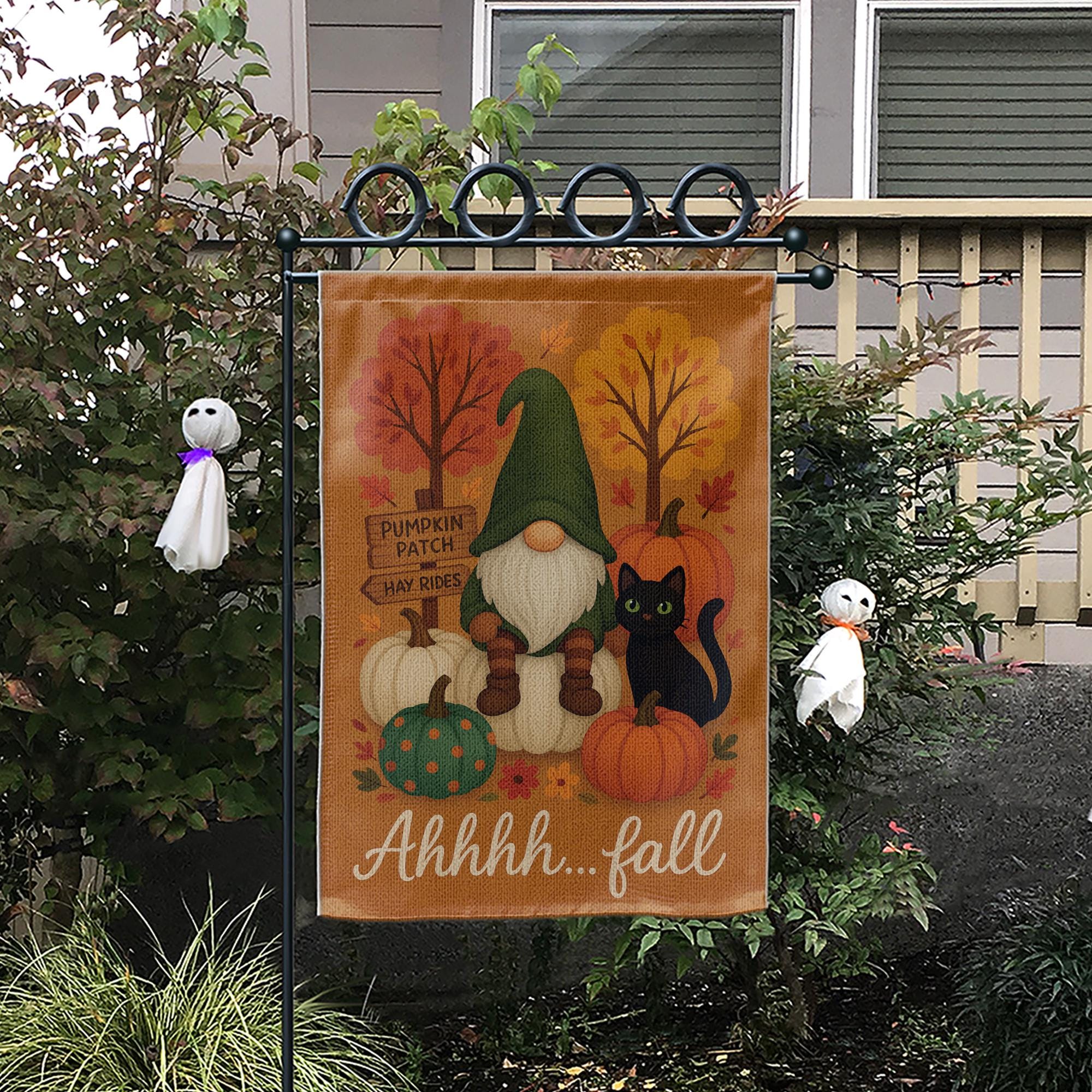 Ahhhh…Fall Gnome & Black Cat Garden Flag – Pumpkin Patch Yard Banner, Cute Autumn Outdoor Decor, Gnome Pumpkin Flag, Cute Fall Flag