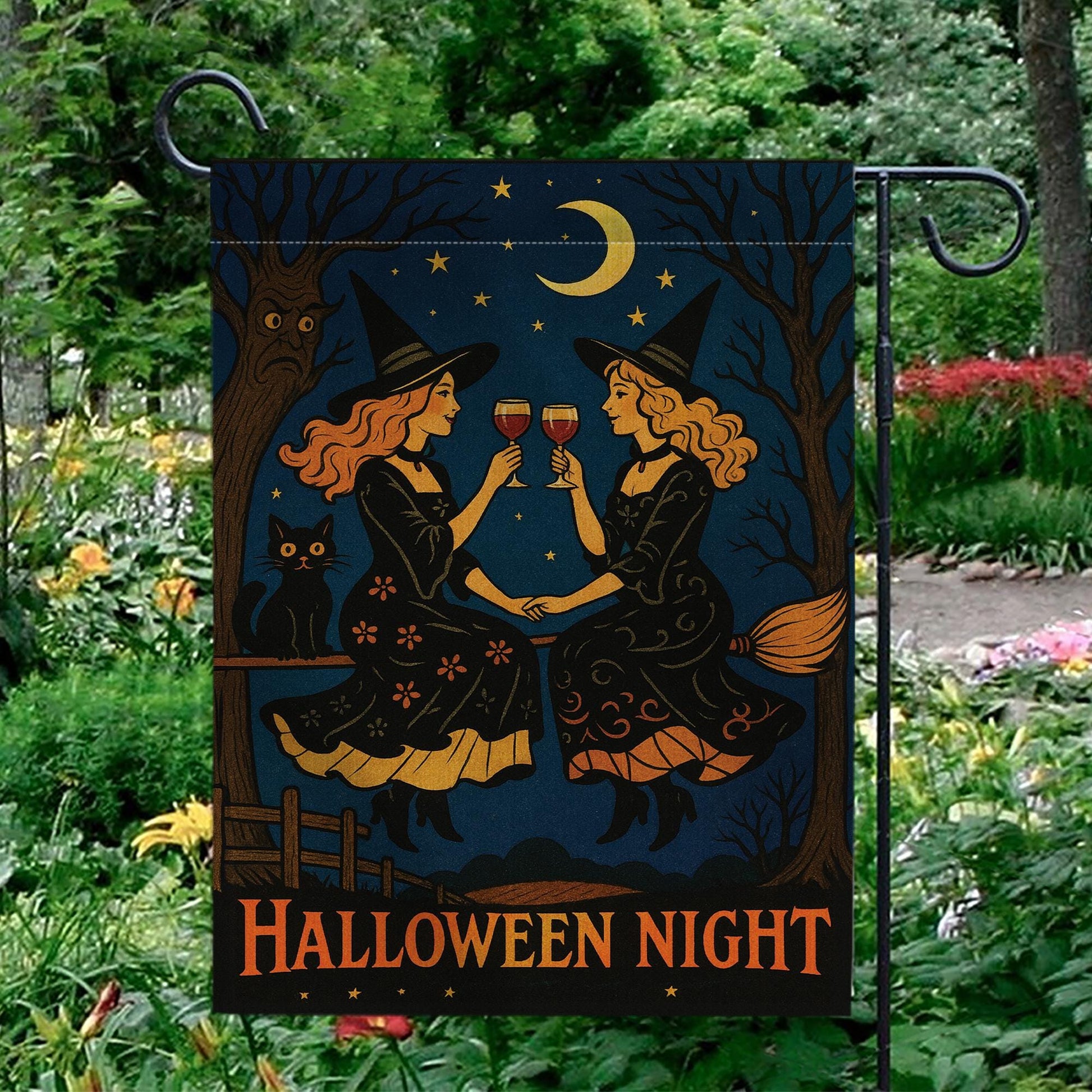 Halloween Night Gnome Garden Flag, Witchy Witches Cheers Outdoor Fall & Halloween Yard Banner, Halloween Night, Outdoor Fall Decor